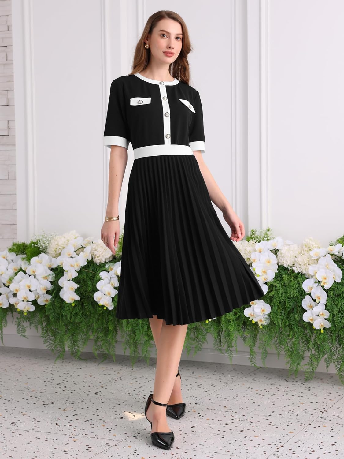 Women's Short Sleeve Pleated Dress 2025 Trendy Contrast Color Casual Work A-Line Midi Dresses - Image 3