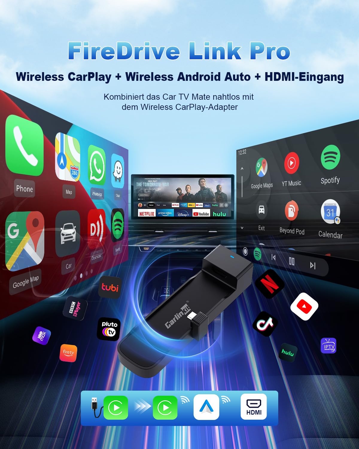 Carlinkit CarPlay und Android Auto Wireless Adapter, FireDrive Link Pro mit HDMI für Fire TV Stick, Wireless Dongle und Auto TV Konverter für CarPlay Fahrzeuge mit OEM-Kabel Plug