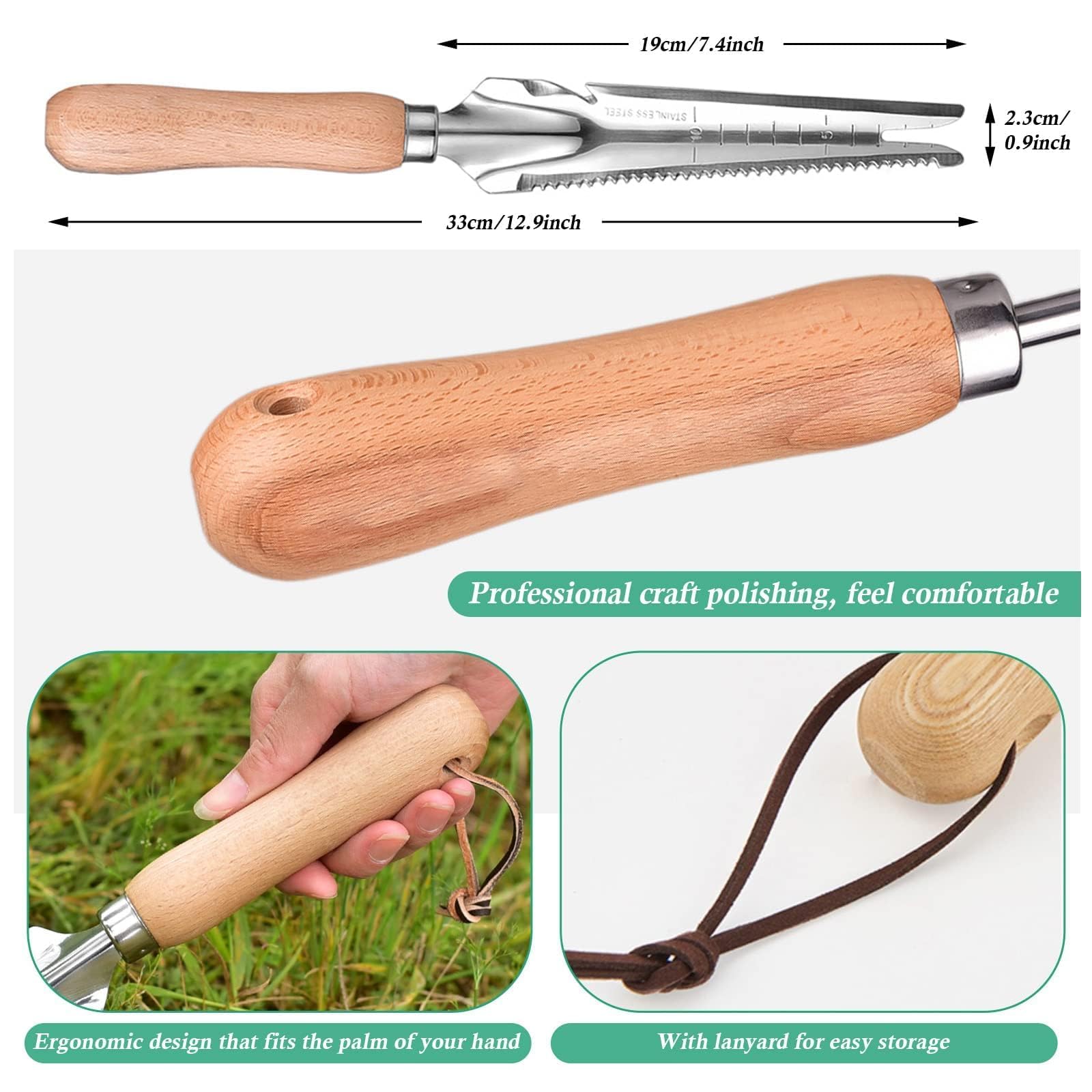 Tagliacerbacce Manuale In Acciaio Inox Con Manico Legno - Per Diserbo, Scavo, Giardinaggio, 2 Pezzi + Guanti - Foto 4