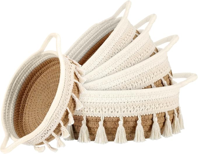 LemonRoad 3 Pcs Round Hand Woven Storage Basket with Handle Multi-size Cotton Rope Brown Small Container Bin for Shelves Closet Toilet Bathroom Nursery Dresser Pet Toy Organizer Boho Decor Gift(Brown)