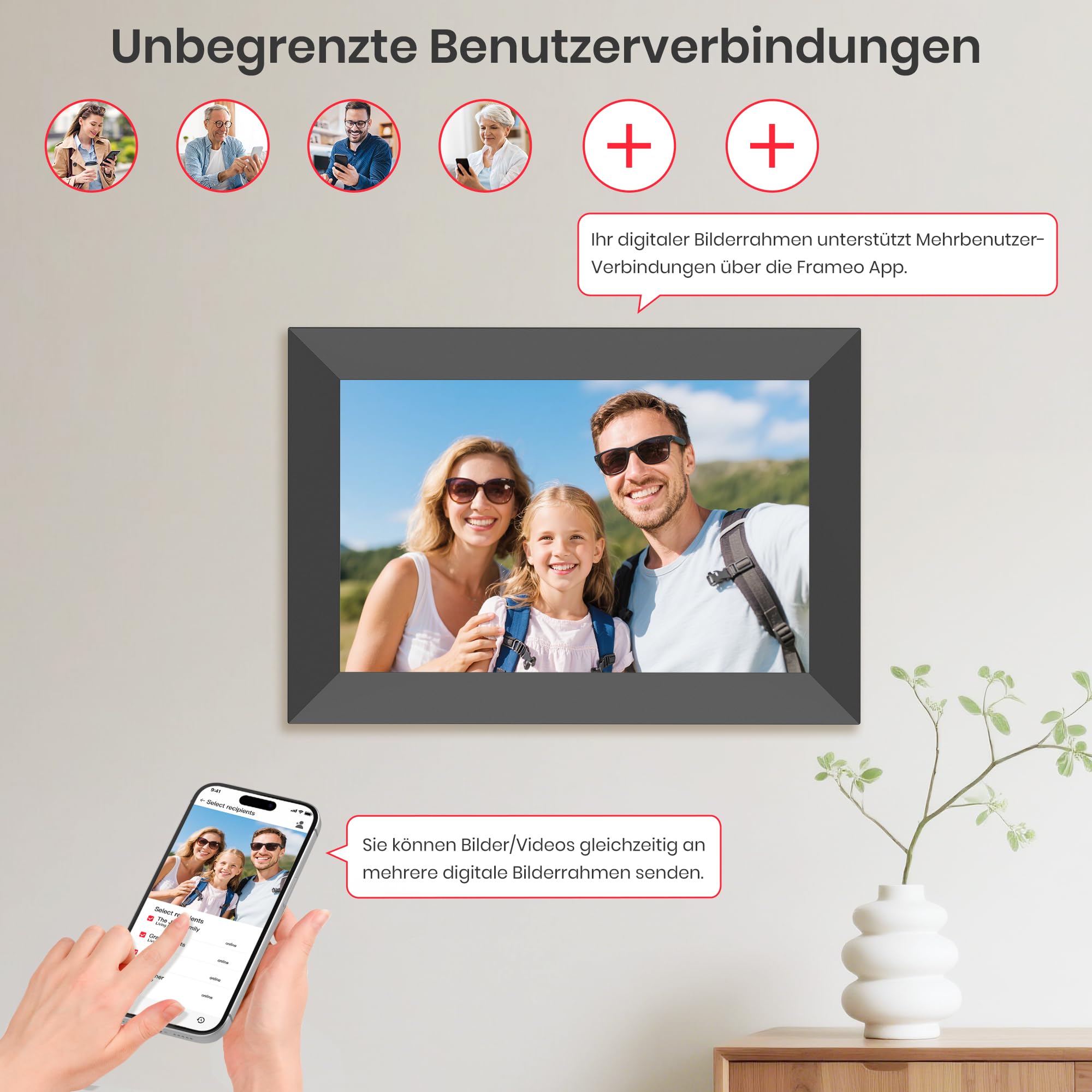 Frameo 10,1-Zoll-WLAN-Digitaler Bilderrahmen mit 32 GB Speicher, 1280 x 800 IPS-Touchscreen, Intelligenter Elektronischer Bilderrahmen, Wandmontierbar, Automatische Drehung, Fotos/Videos Über Frameo-A