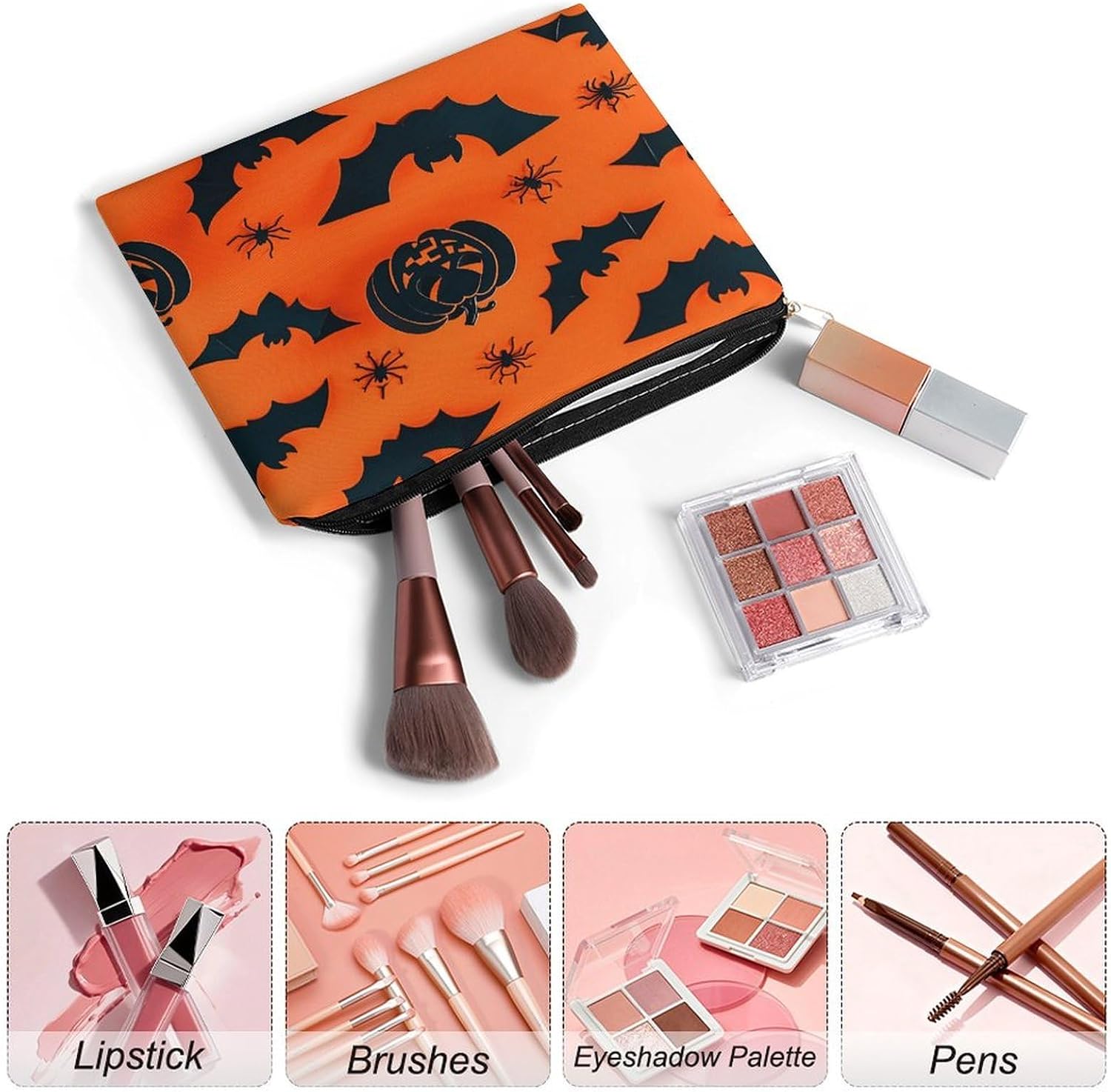 Pumpkin Black Spider Web Bat Aesthetic Makeup Bag Cosmetic Bag with Zipper image 3