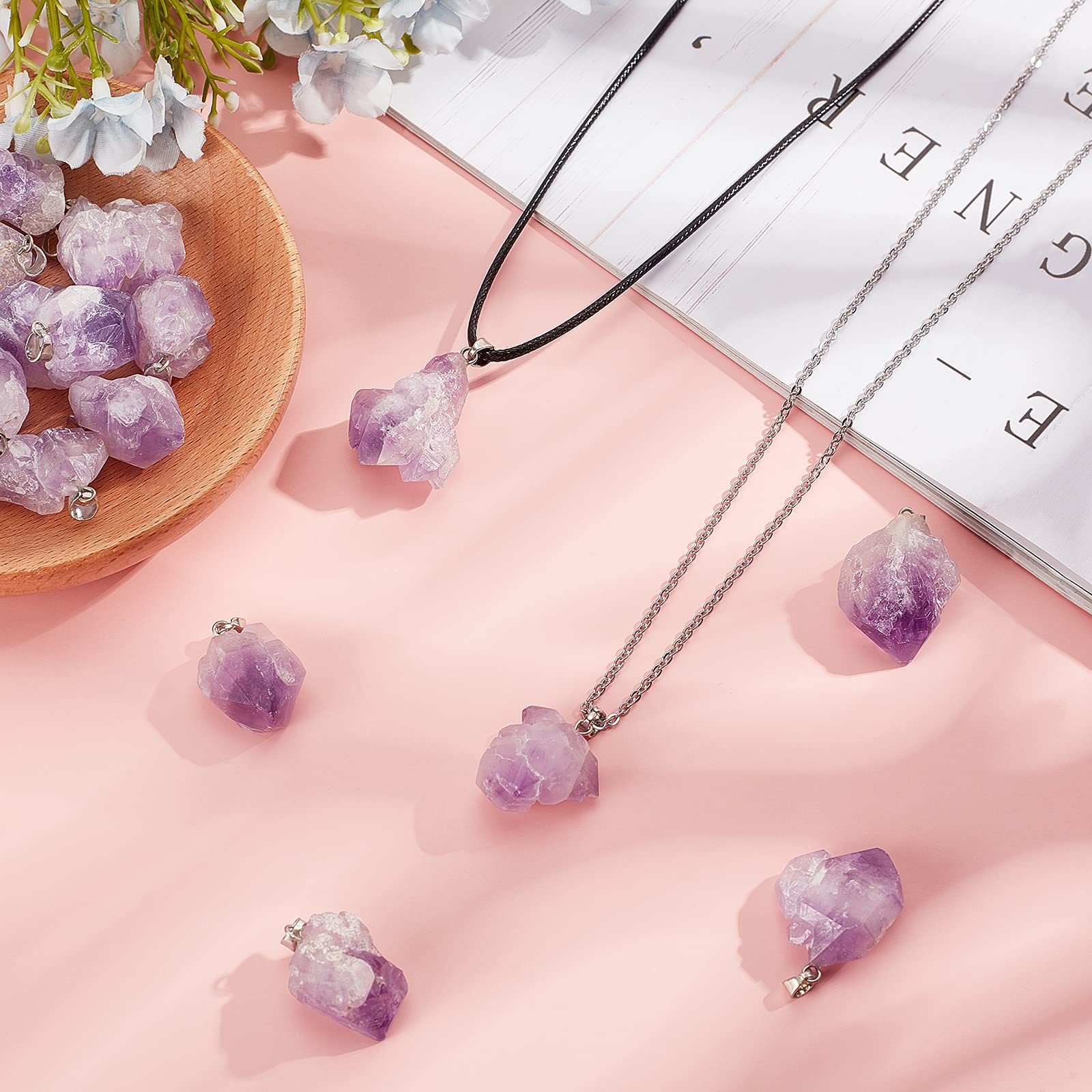 SUNNYCLUE 20Pcs Natural Amethyst Stone Necklace Irregular Rock Pendants Healing Crystal Gemstone Charms with 2 Styles 20Pcs Waxed Cotton Cord Necklace,Stainless Steel Necklaces for Necklace Making - Image 4