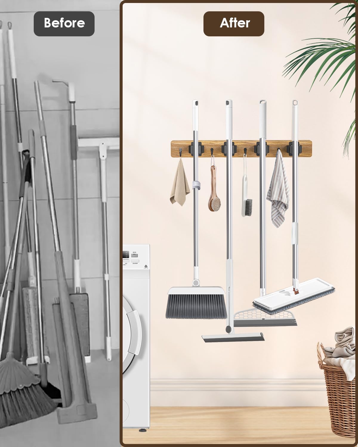 Soporte para escoba montado en la pared, 4 soportes y 4 ganchos, soporte para trapeador de madera y escoba con goma antideslizante, soporte de cepillo de madera de pino natural, orificio de pared para 2