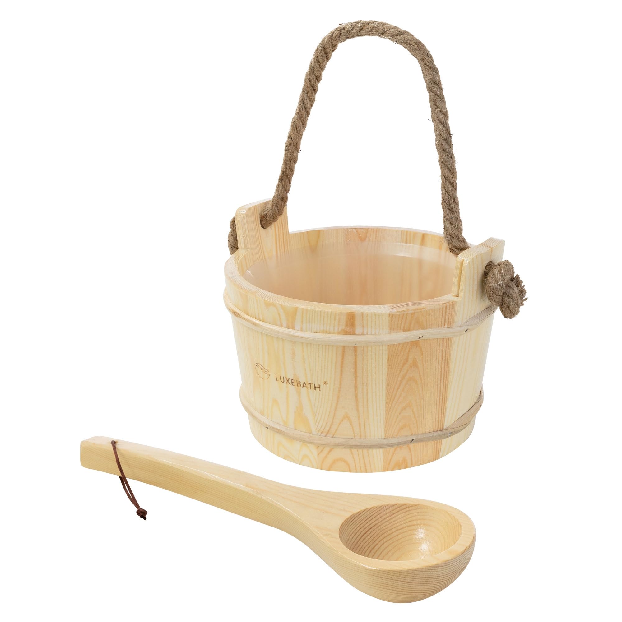 LuxeBath Saunazubehör-Set aus massivem Kiefernholz, Sauna Set 2-tlg, Aufgusskübel mit Kunststoffeinsatz & Schöpfkelle, Saunaeimer 4L mit Seilgriff & Schöpflöffel, Langlebiges Sauna Wassereimer Zubehör