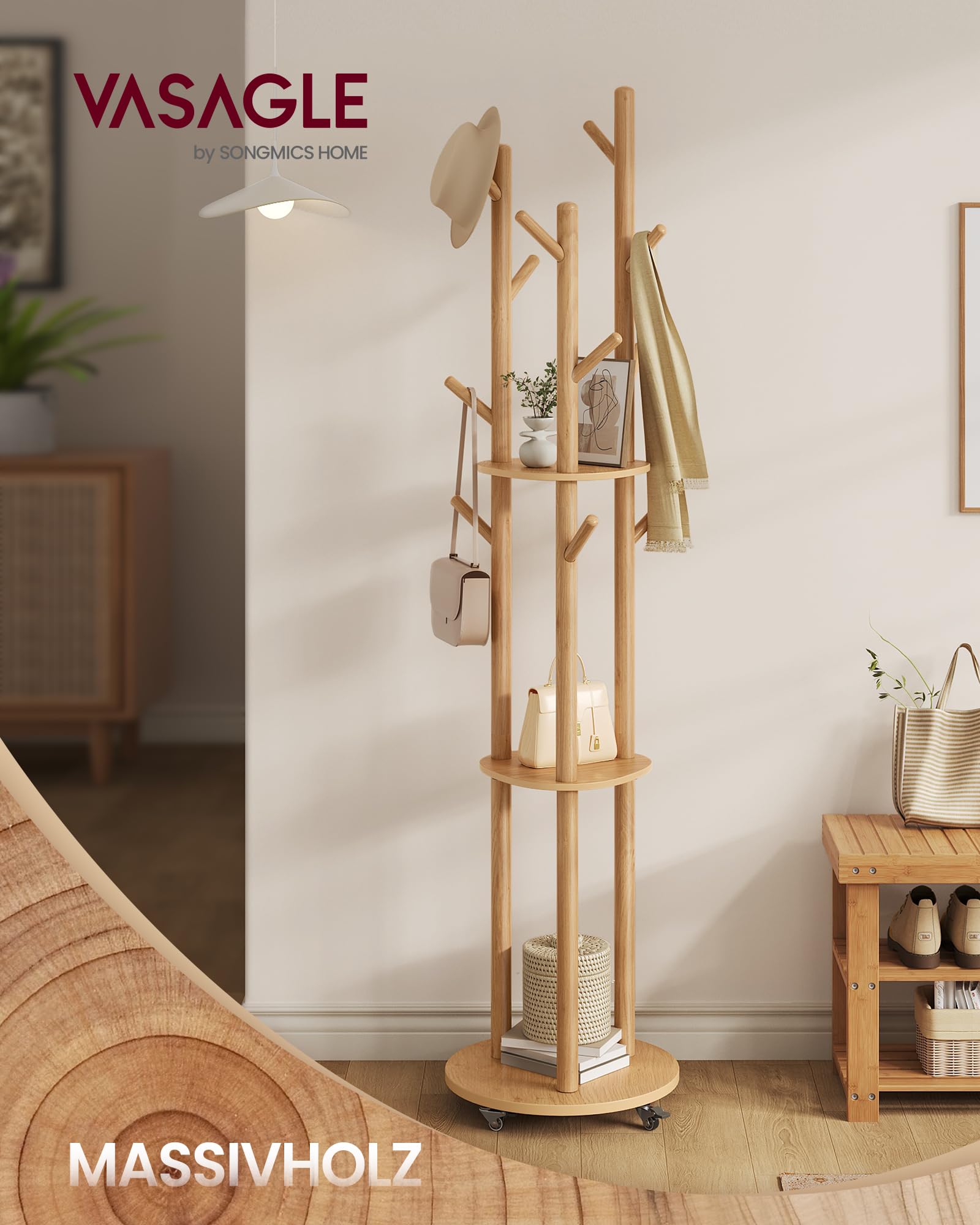 VASAGLE Garderobenständer, Kleiderständer mit 11 Haken und 3 Ablagen, 4 drehbare und abnehmbare Rollen, Haken und Haltestangen aus Massivholz, Eingang Schlafzimmer Wohnzimmer, naturfarben RCR023YK01