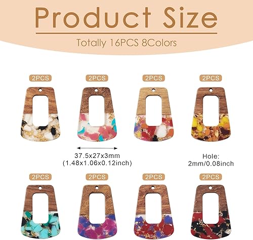 Miniatura 6 de FASHEWELRY 16 piezas de aretes de madera de resina trapezoidal, aretes de madera de lámina dorada, aretes geométricos de madera, dijes bohemios