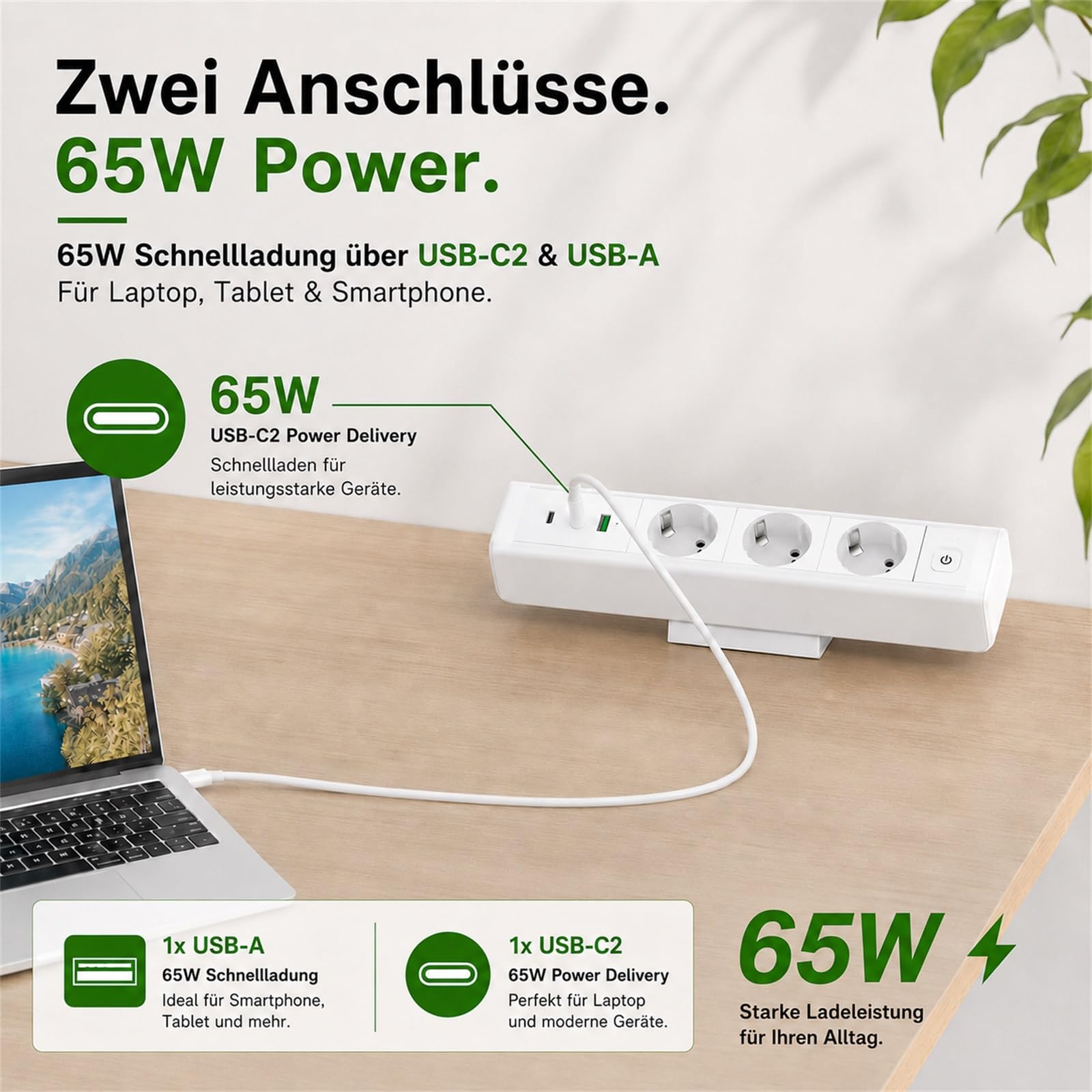 Enchufe de mesa con USB C 65 W, regleta Haiaoyyds con 3 enchufes, 2 USB C y 1 USB A, protección de sobrecarga de 10 A, cable de 1,8 m, enchufe múltiple de aluminio para oficina en casa