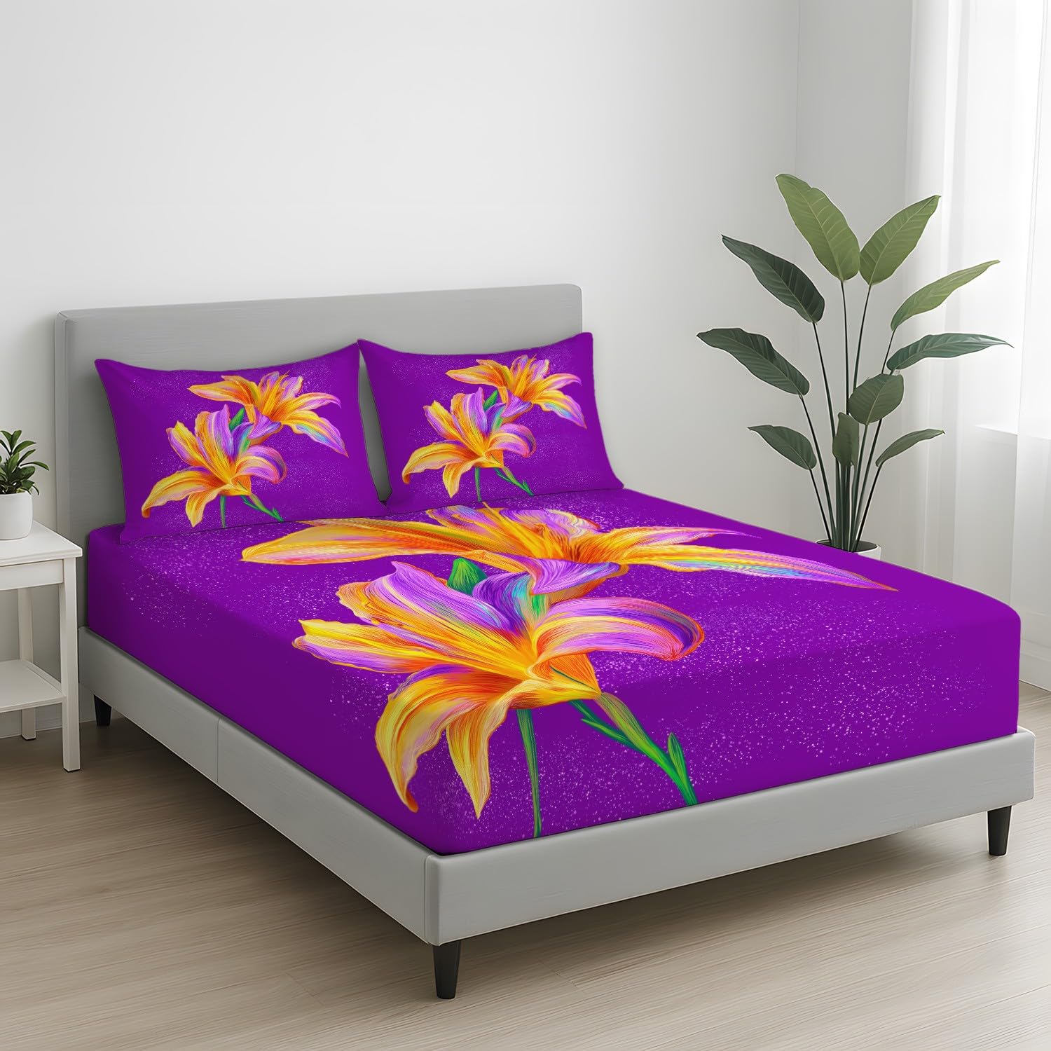 Queen - Lenzuolo con angoli estetici moderni, con tasca elastica extra profonda a tutto tondo, morbido lenzuolo con angoli, vivaci ed eleganti (152 x 200 x 30, fiori di giglio)