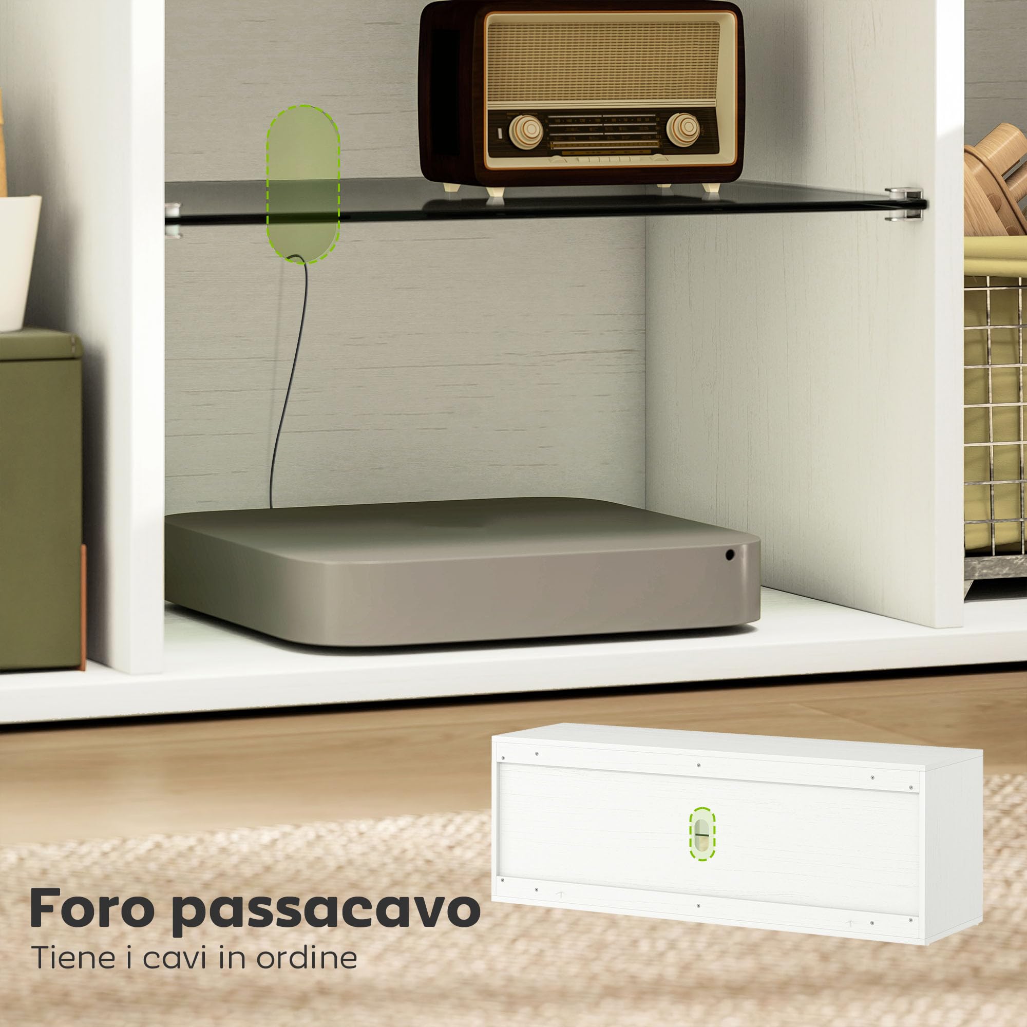 HOMCOM Mobile Porta TV fino a 55" 120 cm Soft Close Bianco Effetto Legno | Mobiletto TV Sospeso o a Terra, Foro Passacavi, Ripiano in Vetro, per Soggiorno e Salotto