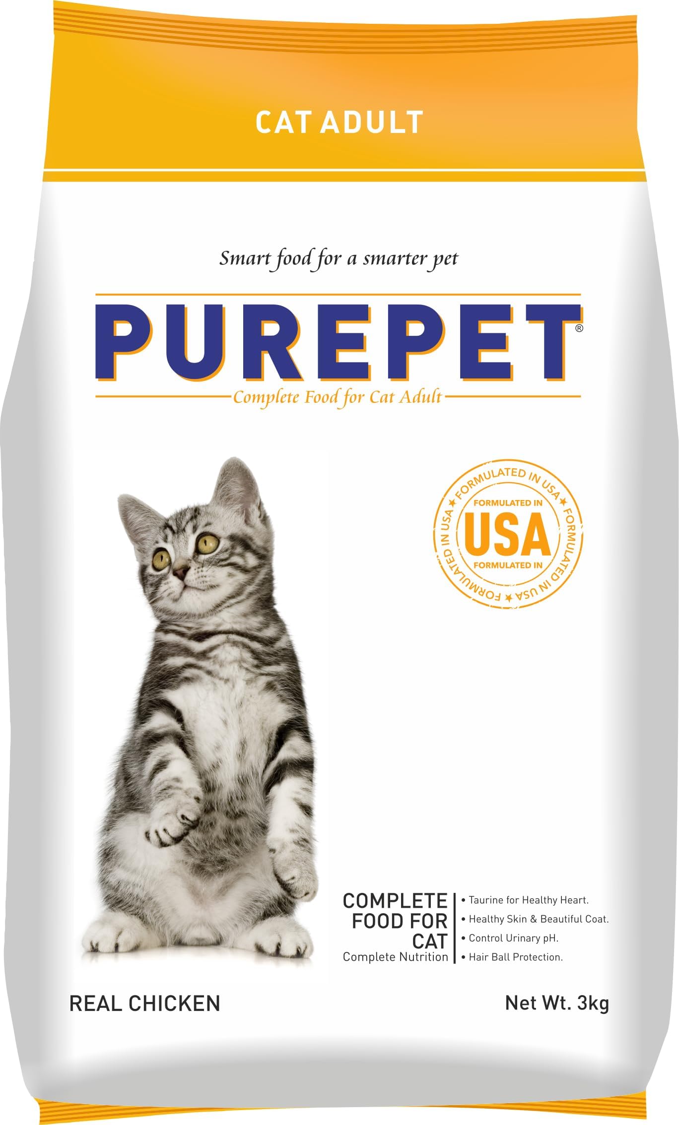 Purepet Adult Dry Cat Food, Real Chicken, 3 Kg | Complete & Balanced Nutrition, Taurine For Healthy Heart, Controls Urinary pH, Healthy Skin & Coat