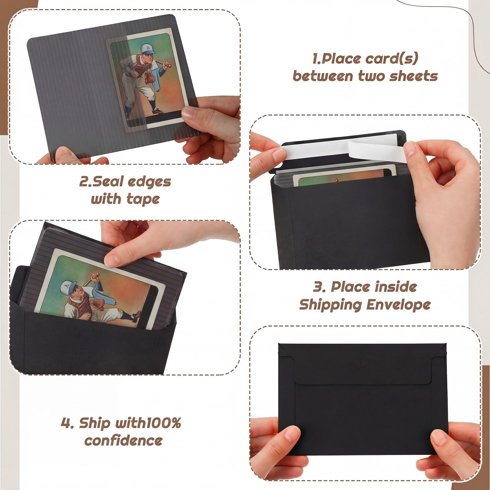 Faccito Lot de 200 protections pour cartes à collectionner et enveloppes en vrac pour envoi, fournitures de défense supplémentaires (noir) 10,2 x 15,2 cm