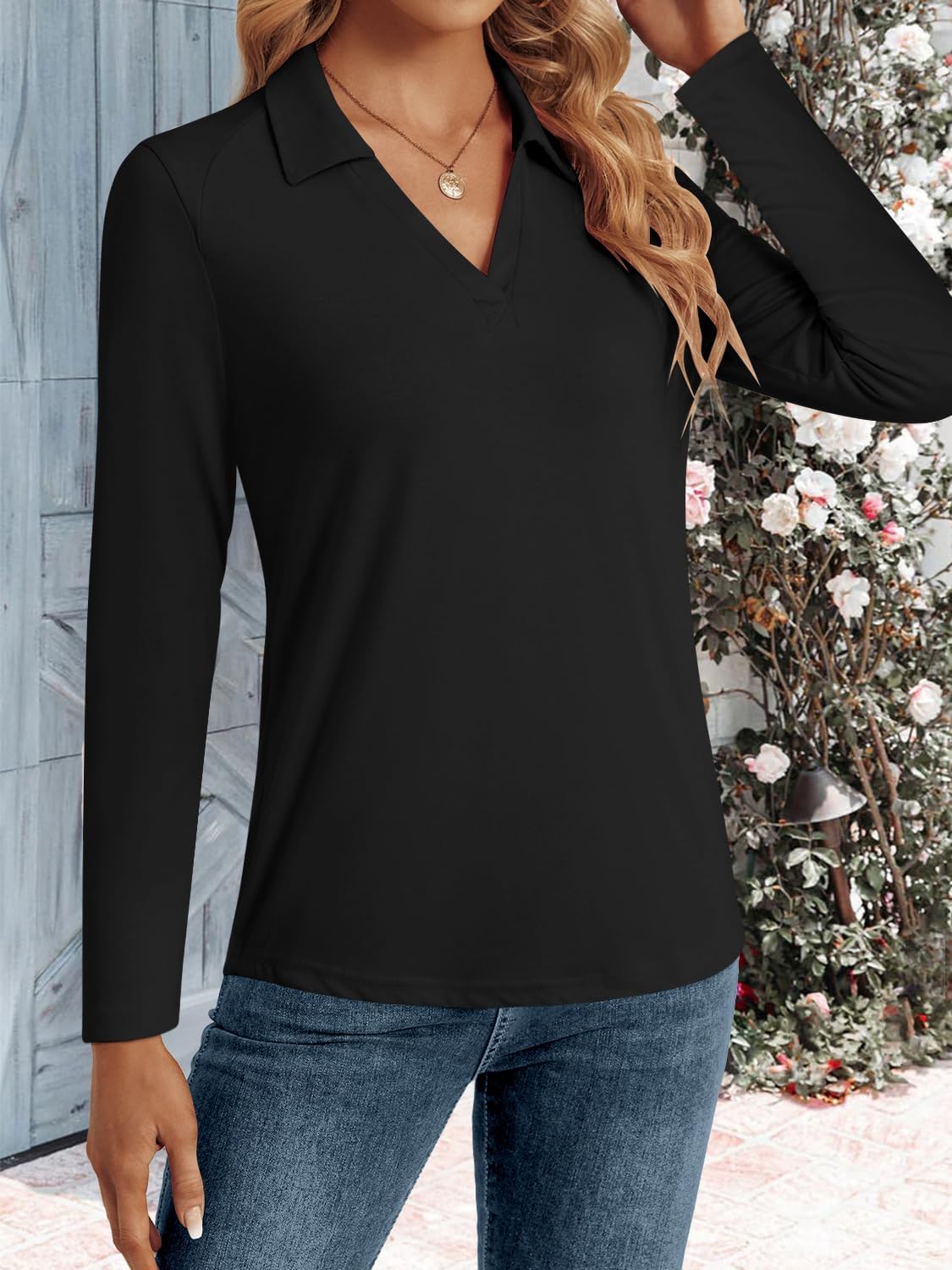LYHIPSS Long Sleeve Shirts for Women Tops Dressy Casual Business Polo V Neck Fall Tunic Tops Blouses Outfits Black L