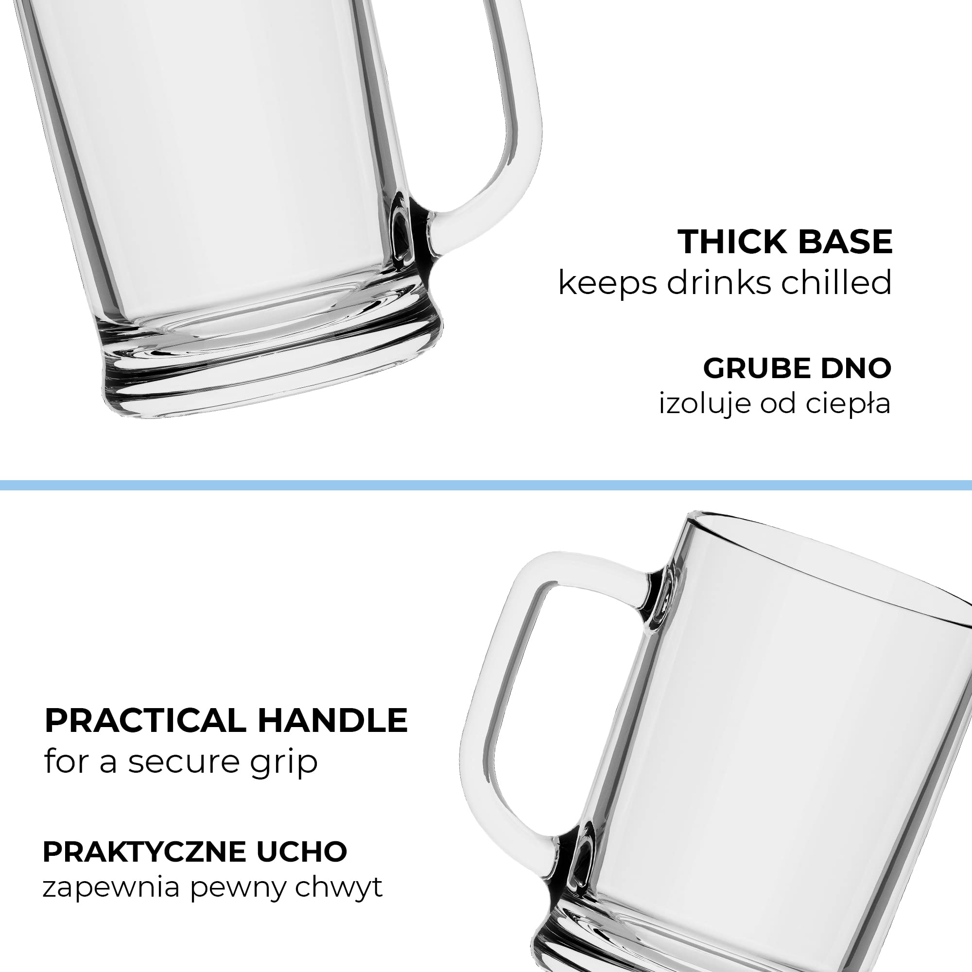 TREND FOR HOME Bierkrug 0,5 Liter Set von 6 mit Handlichem Griff Glaskrug 0,5 Liter Bier Glas Bier Krug Biergläser 0,5 Bierbecher Biermaßkrug Glas Bierkrüge Maßkrug Transparent, Ulf (Packung mit 3)