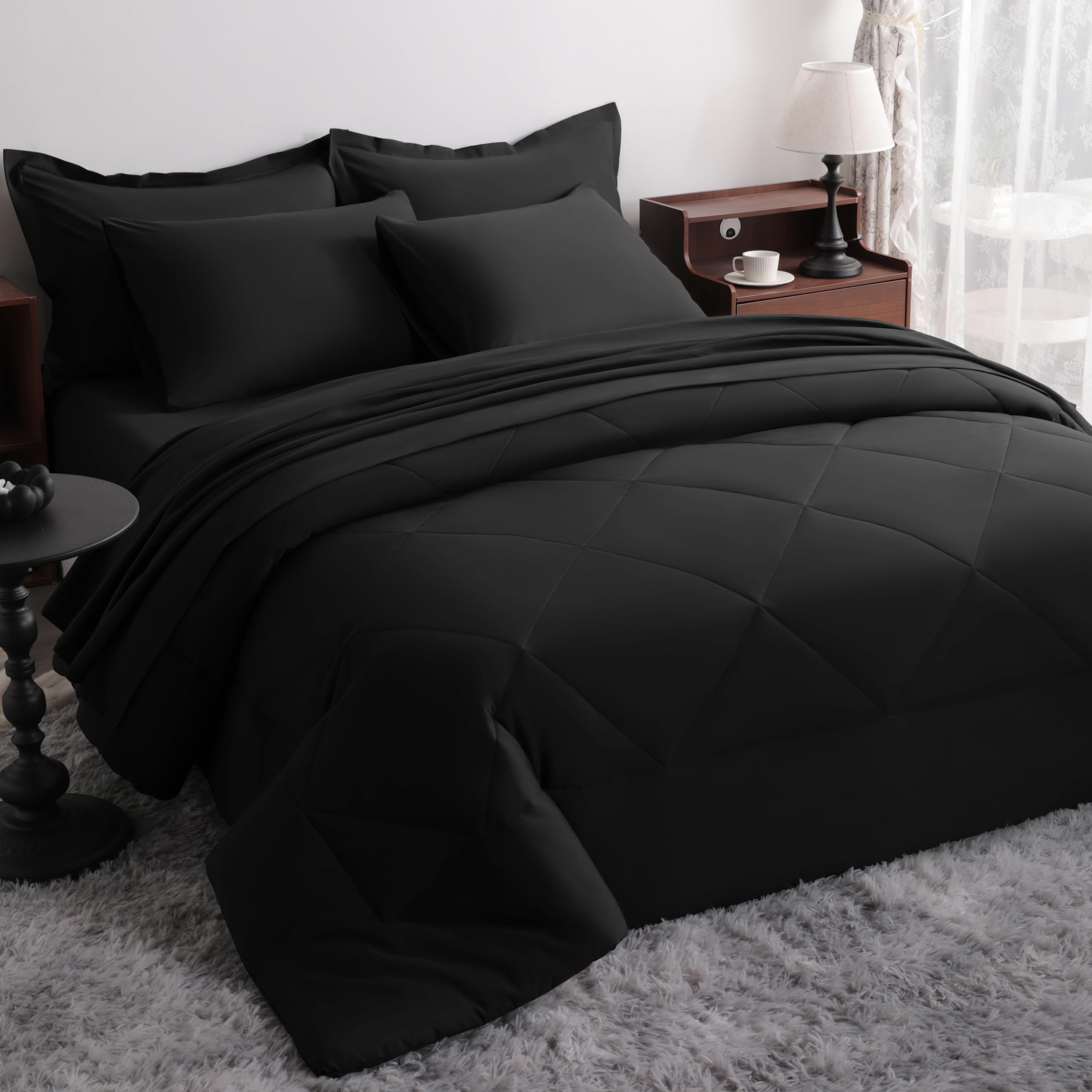 NTBAY King Microfiber Bed in a Bag, Comforter Set with Sheet 7 Piece, Black