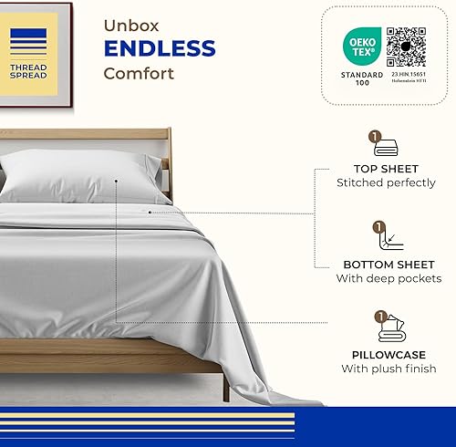 Vista 12 de THREAD SPREAD Juego de sábanas 100% algodón egipcio, tamaño King, 1000 hilos, tamaño King, algodón egipcio, 6 piezas (plateado), bolsillo profundo