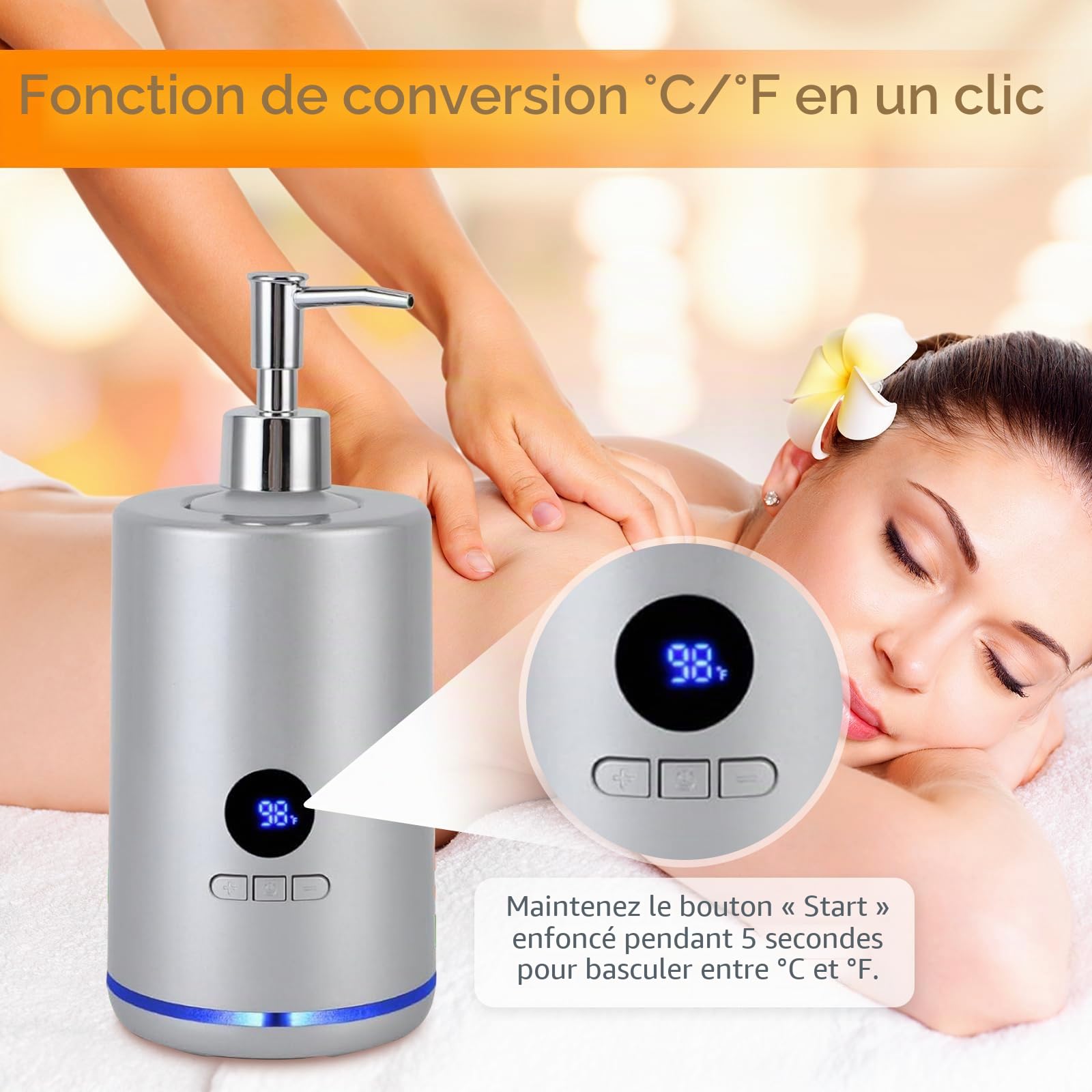 Chauffe Huile De Massage, 250 Ml électrique Chauffe Huile Pour Massage Avec 2 Bouteilles, Réchauffeur D'huile De Massage Température Réglable Chauffe Huile Pour Spa Salon Et Usage Domestique (Argenté)