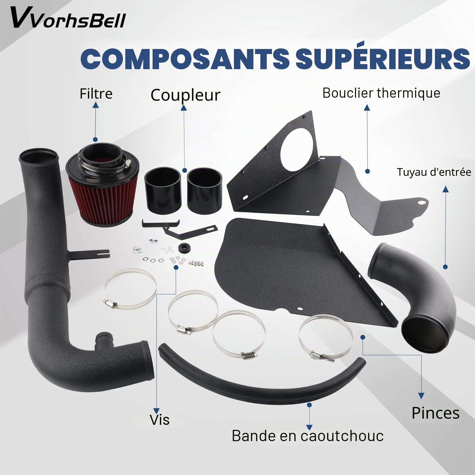 Kit d'admission d'air froid compatible avec VW Golf GTI MK6 2.0 TFSI 2011-2012 EA113 Tuyau en aluminium à haut débit + Bouclier thermique + Filtre rouge