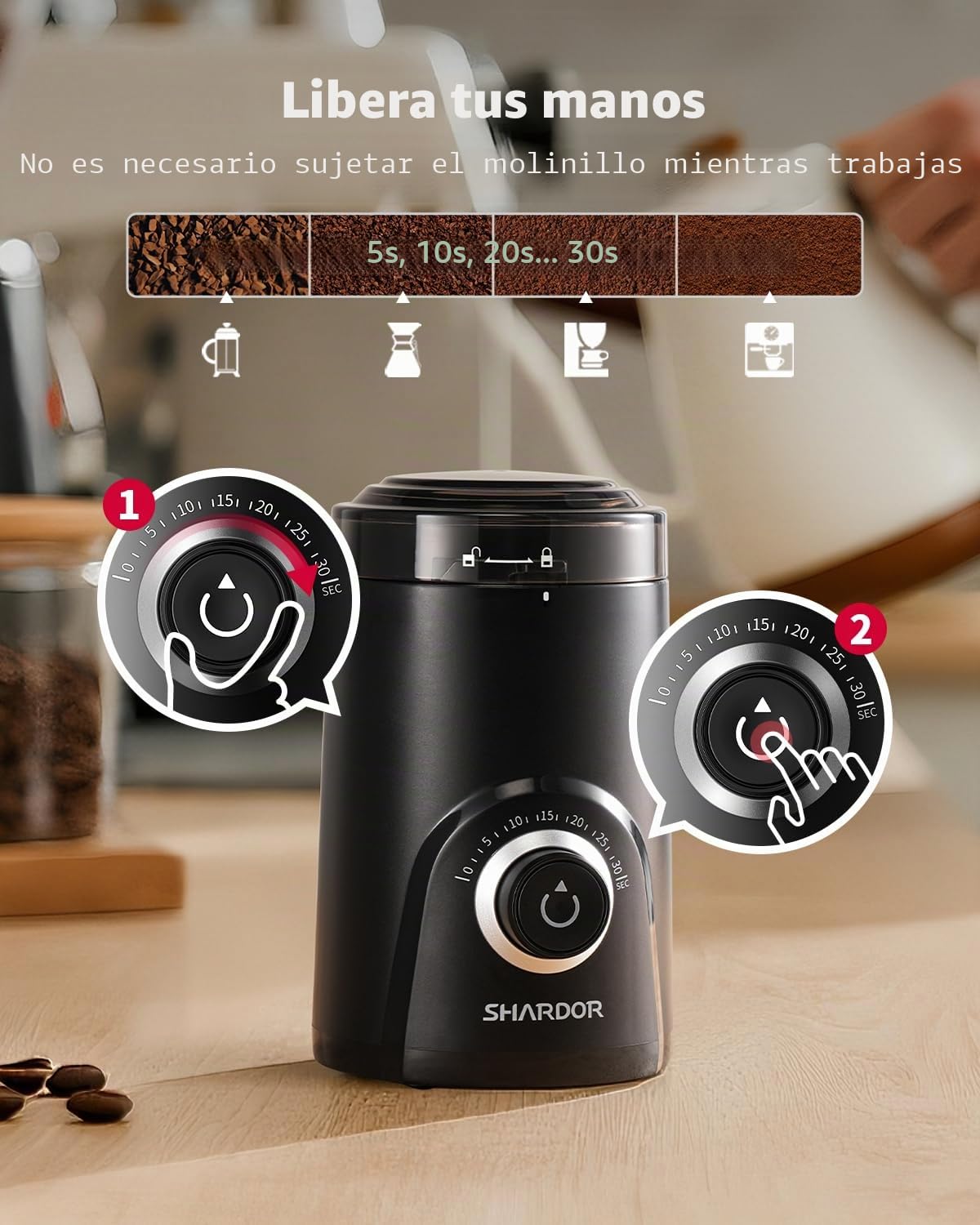 SHARDOR Molinillo de café eléctrico, molinillo de especias de gran capacidad de 70 g con perilla de sincronización visual para una molienda precisa, molinillo silencioso de granos de café para