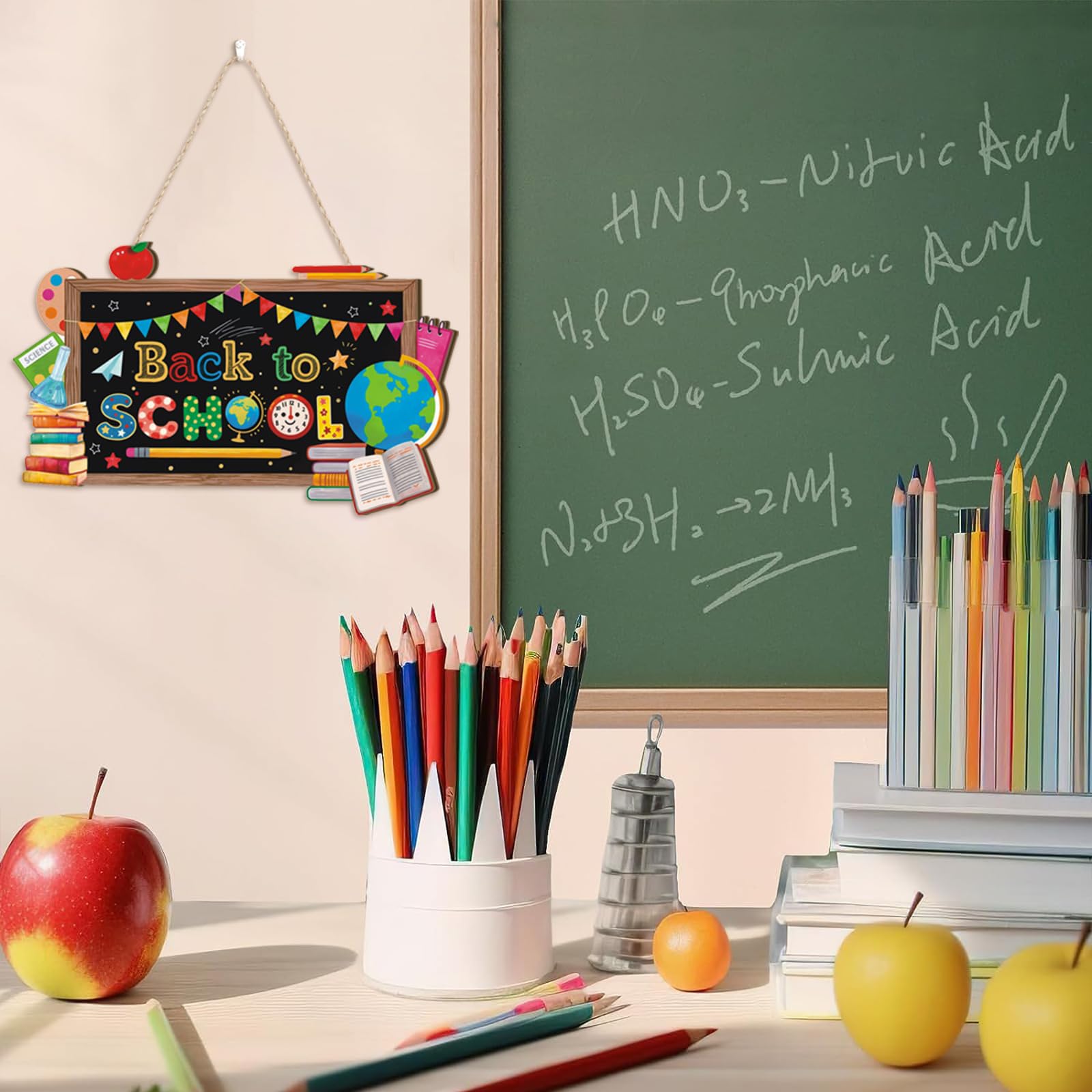 Aryroi Back to School Wood Sign,Blackboard Welcome Door Sign,Classroom Wall Decor,First Day of School Wooden Plaque Book Globe Apple Pencile Decoration for Student Class Nursery Home Room Office