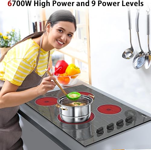 Miniatura 2 de Karinear Estufa eléctrica de 30 pulgadas, 4 quemadores, control de perilla, estufa eléctrica de vidrio con hermoso patrón de madera, placa de