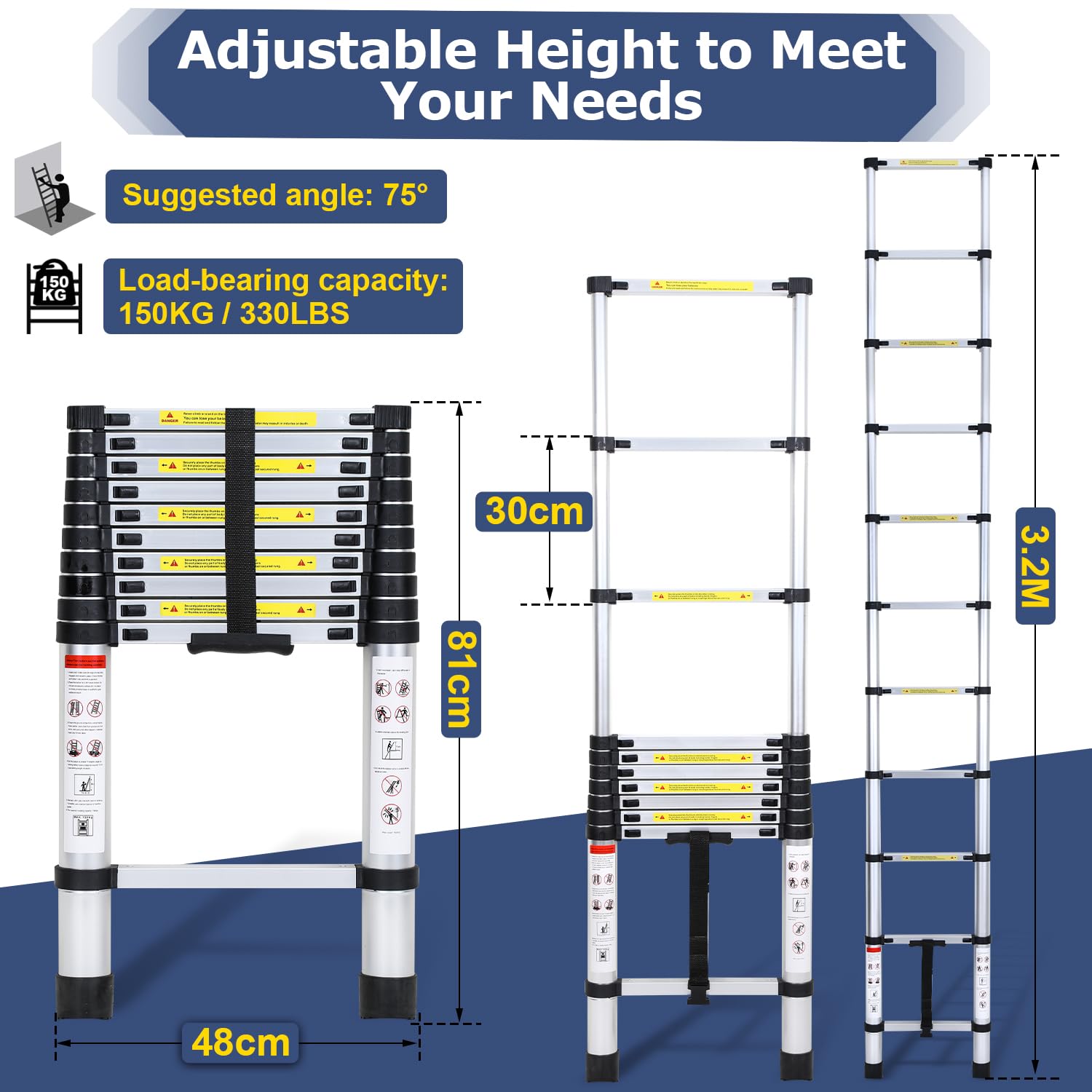 Scala telescopica in alluminio da 3,2 m, allungabile, antiscivolo, multifunzionale e portatile, portata massima 150 kg