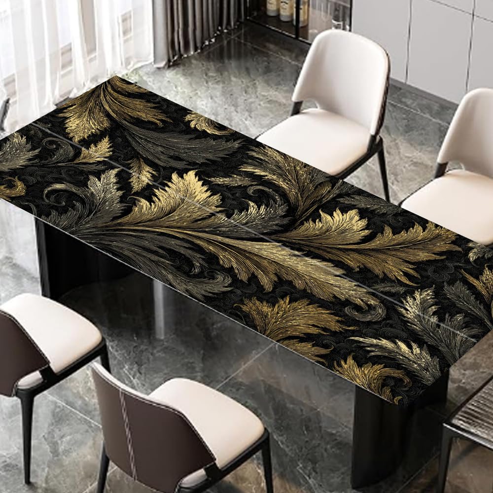 Black Gold Baroque Desktop Sticker 39.37x23.62In, Luxury Leaf Pattern Desk Decal, Easy Clean Table Surface Sticker, Elegant Office Home Decor