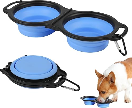 Cuencos plegables para perros, tazón portátil de viaje para mascotas, 2 en 1, tazón doble de silicona expandible para alimentos y agua, plato para