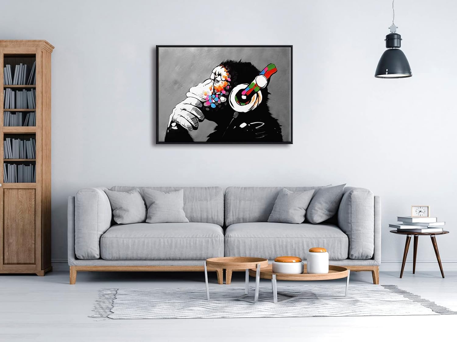 Wieco Art Framed Banksy Graffiti Canvas Art, Monkey with Headphones Abstract Print, 28x20 inch Print, Black PS Frame, Ready to Hang Wall Art for Home & Office Decor