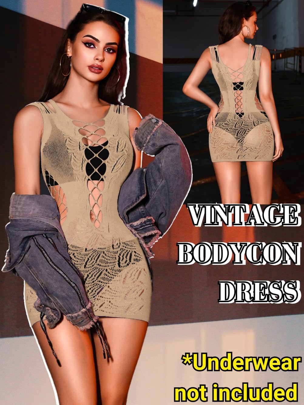 ChiaoLezhee Fishnet Mini Dress for Women, Exotic Stripper Outfits Dancewear, Sexy Mesh Sheer Lace Fishnets Lingerie Plus Size