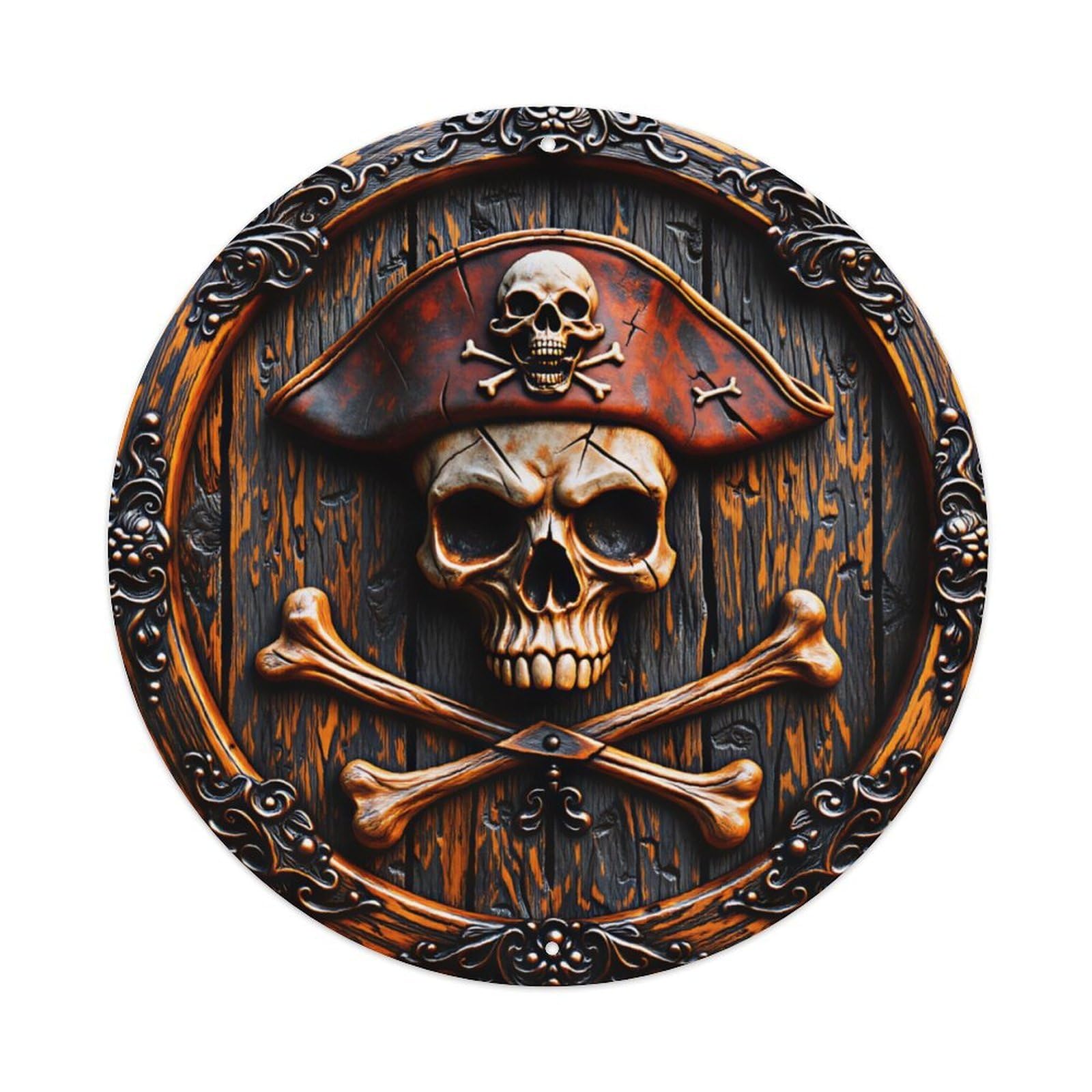 Vintage Pirate Skull Crossbones Round Decor Sign Vintage Aluminium Metal Sign, Retro Wall Decor for Home, Bar, Garage & Farmhouse 20x20cm