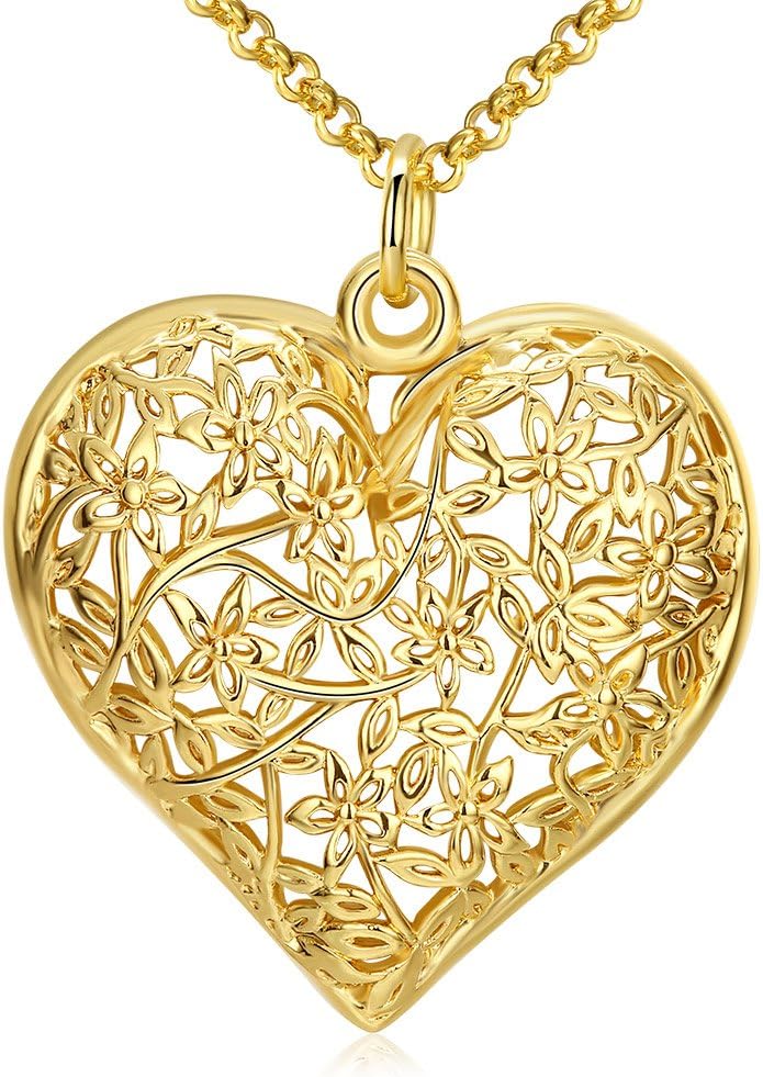 New Arrival Retro Style Golden Heart Shape Hollow Flower Pattern Women Chamring Necklace