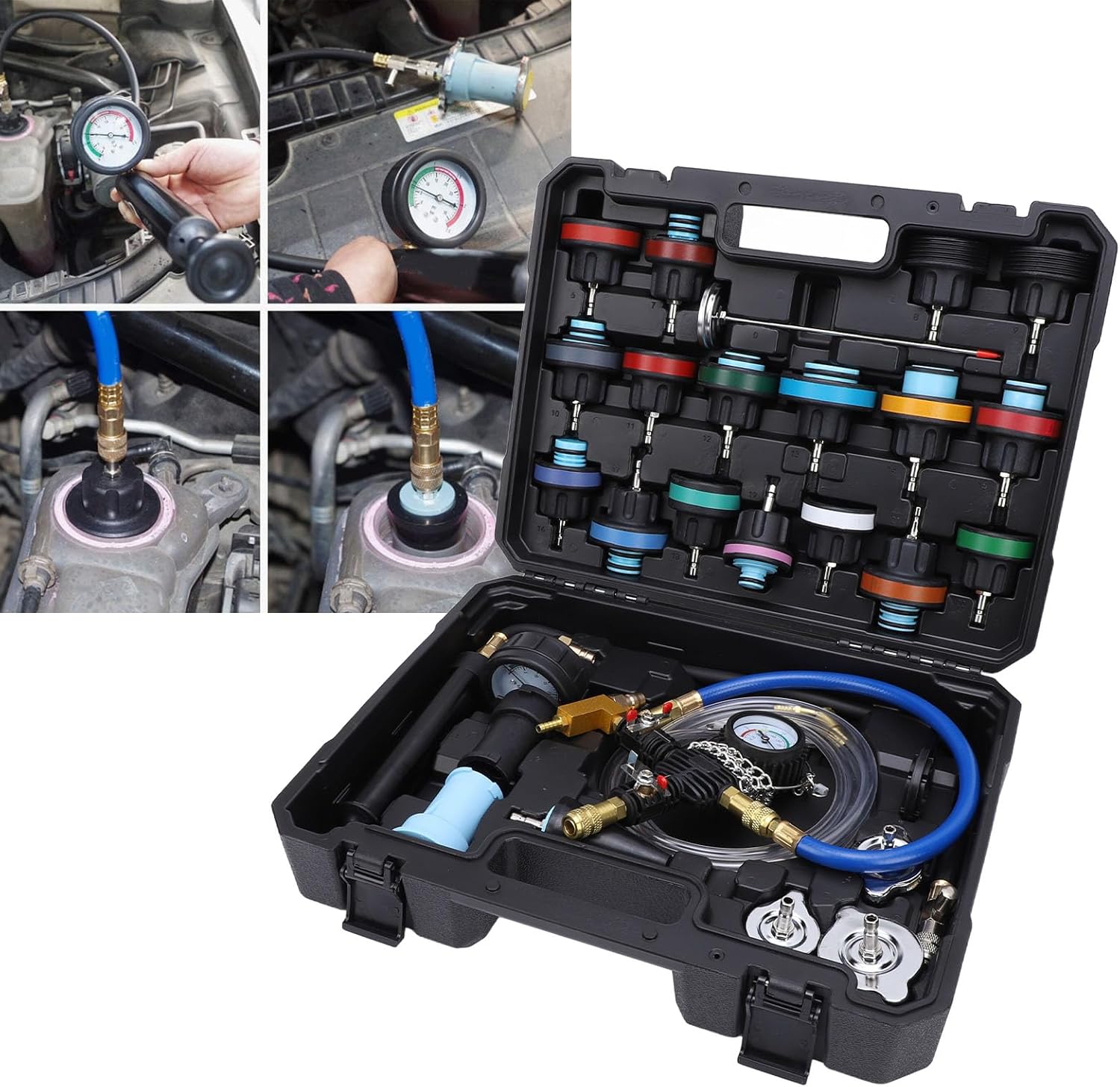 28PCS Radiator Coolant Pressure Tester Kit, Universal Cooling System Leak Detector and Vacuum Refill Tool with Color Coded Caps for Most Domestic and Import Vehicles