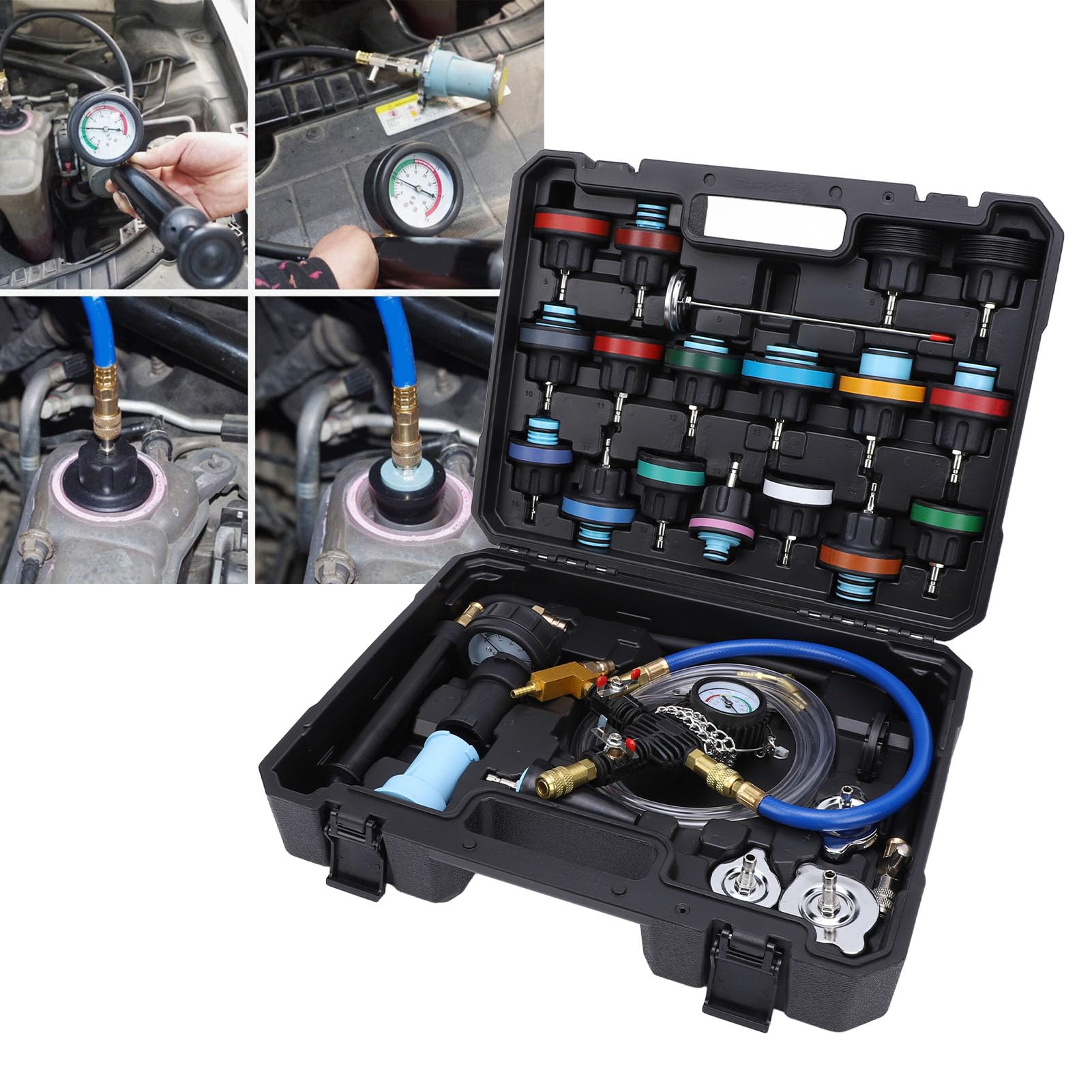 Naroote Kit Tester Pressione Liquido Refrigerante Radiatore 28 Pezzi, Strumento di Ricarica Sottovuoto con Valvola Aggiornata e Tappi di Prova Codificati a Colori per la Maggior Parte dei Veicoli