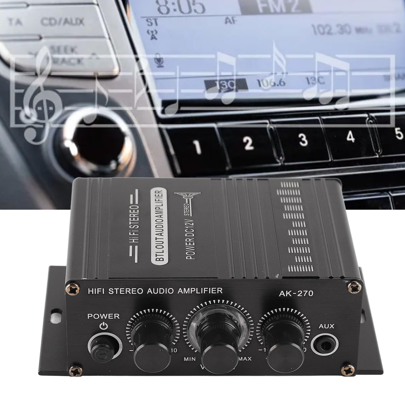 HERCHR Auto-Verstärker, Stereo-Verstärker, 12 V, Tragbar, Klare Klangqualität, Mini-Verstärker, Auto-Audiosystem-Lautsprecher, Bluetooth, Heim-PA-Mischverstärker Für Auto, Motorrad, Zuhause(Schwarz)
