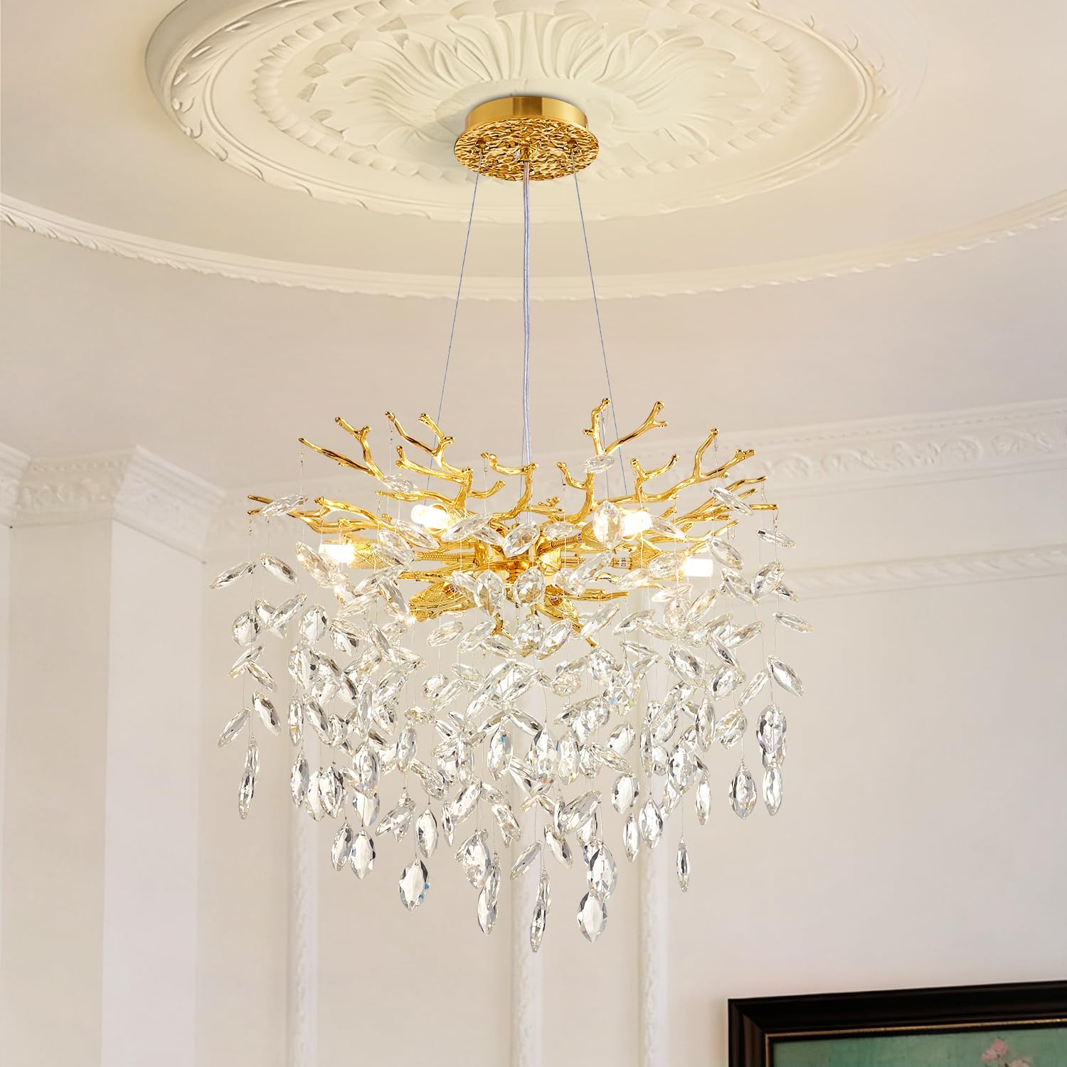 Modern Tree Branch Crystal Chandelier 18" Gold Luxury Large Pendant Lighting 6-Light Contemporary K9 Crystal Chandeliers for Dining Room Kitchen Living Room Foyer Entryway (Gold, D18-Round)