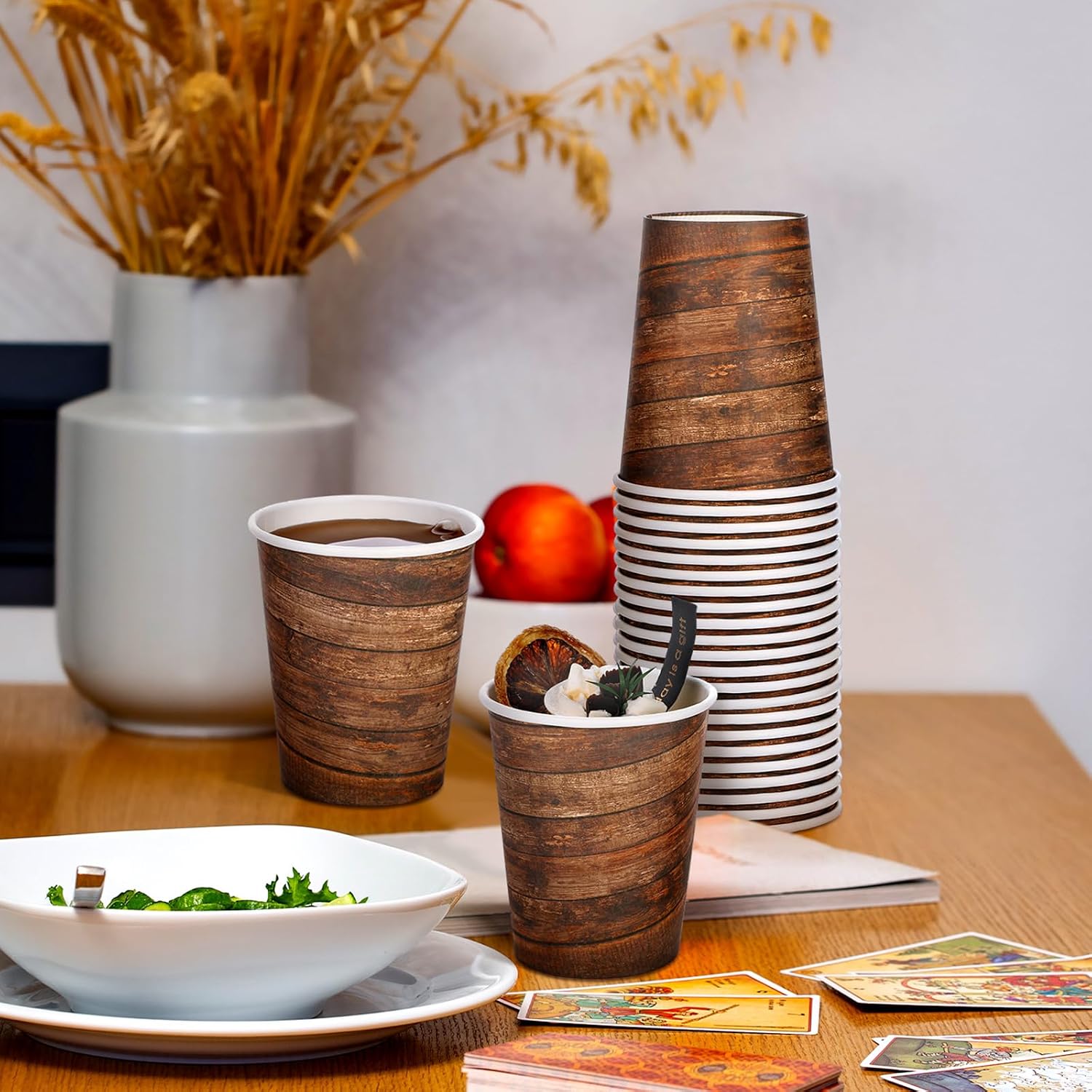 Umigy 100 Pcs 8 oz Western Party Disposable Paper Cups Bulk Coffee Paper Cups Farmhouse Wood Grain Cup Hot Cold Drinks Cup for Western Cowboy Birthday Vintage Camping Baby Shower Party Supplies