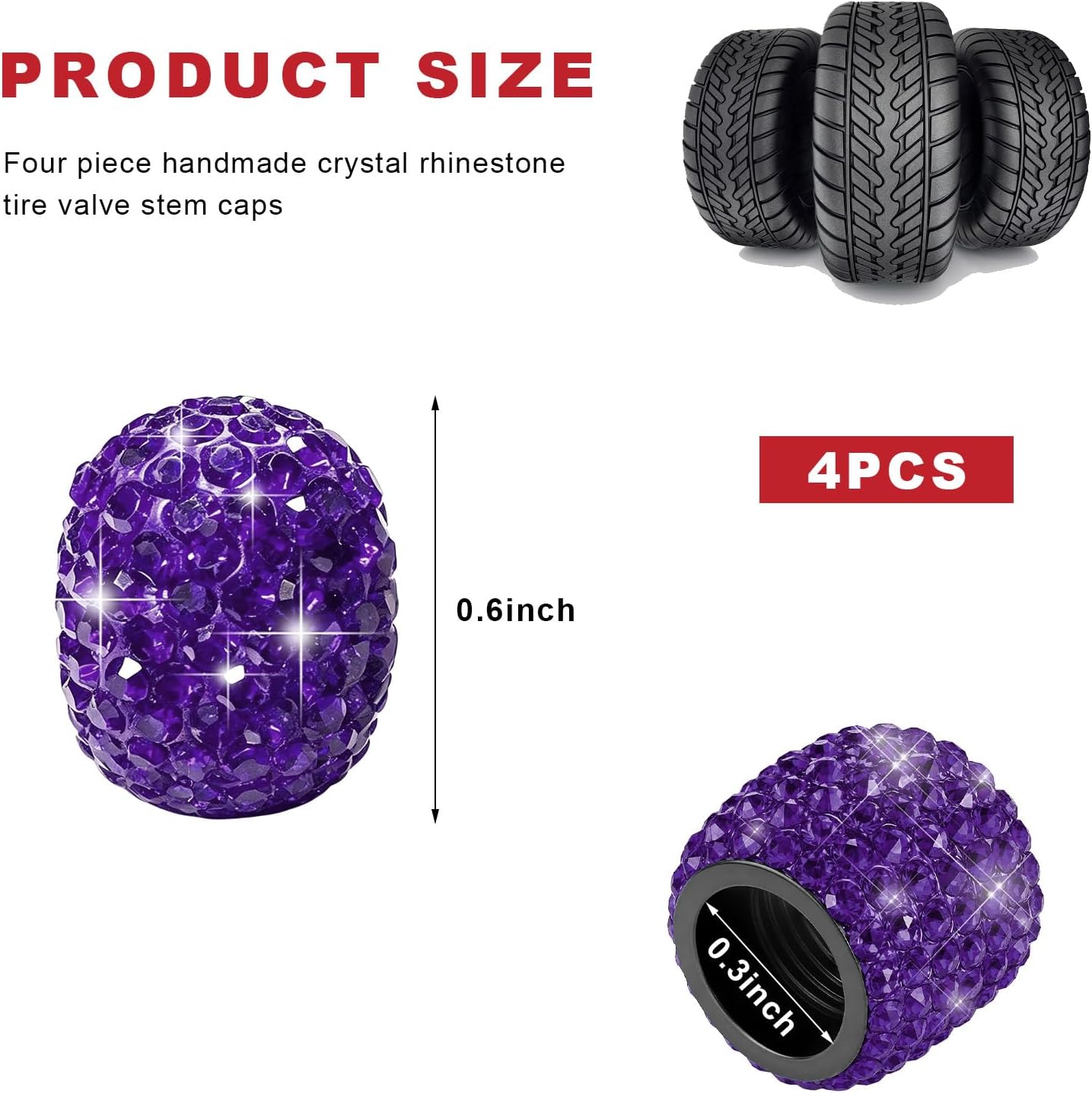 4 PCS Bling Tire Valve Stem Caps, Leakproof Rhinestone Auto Wheel Valve Covers with Rubber Ring, Dustproof Shiny Tire Cap Covers Exterior Decor for Most Vehicles, Car Accessories (Purple) image 2