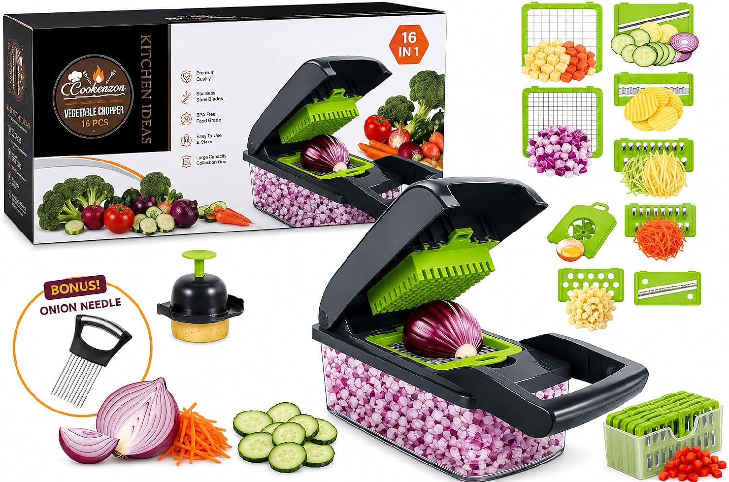 16-in-1 Vegetable Chopper with Container, Onion Chopper, Food Chopper, Mandoline Slicer, Veggie Cutter & Cheese Grater with 8 Stainless Steel Blades, Bonus Onion Holder Included