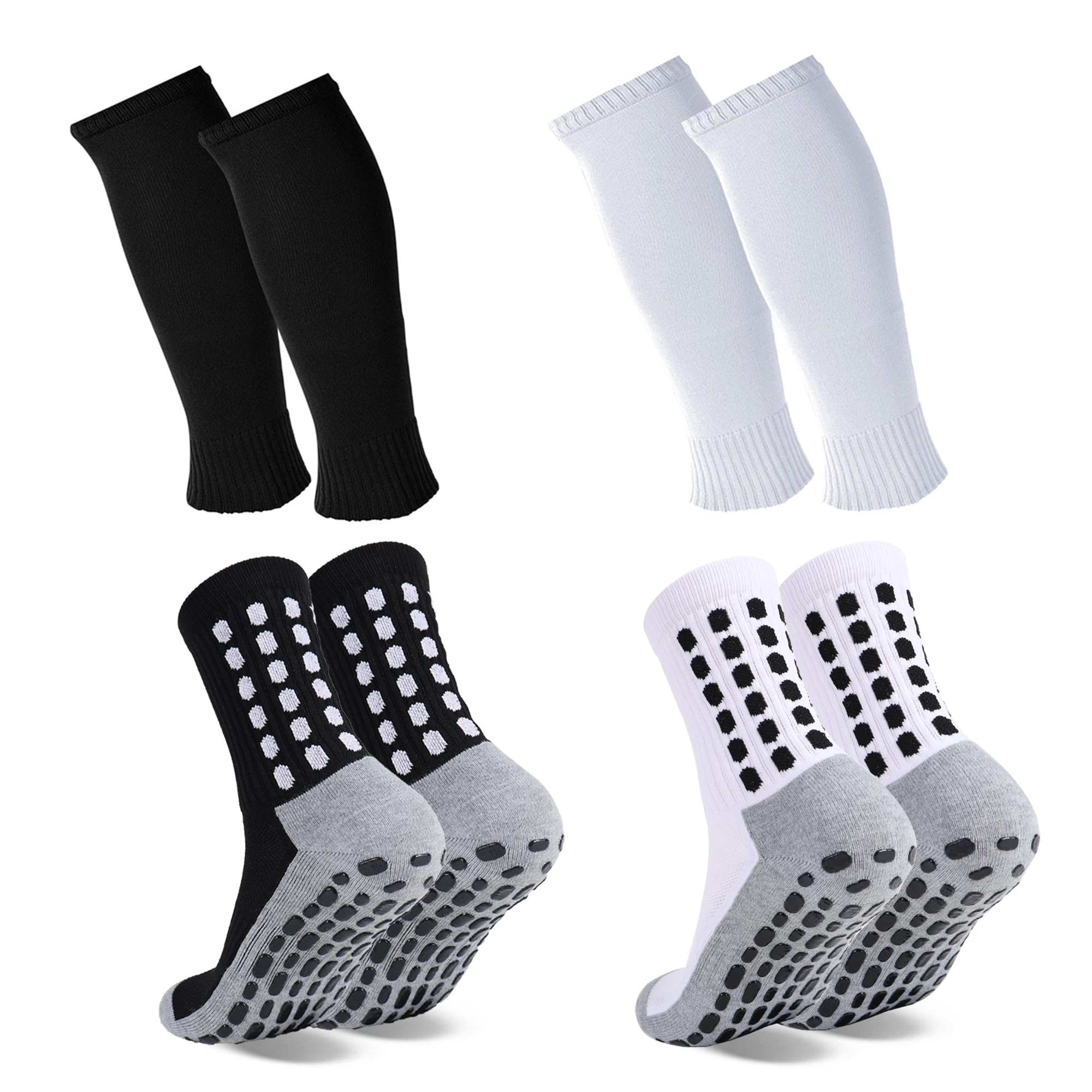 2 Set Grip Soccer Socks with Shin Guard Sleeves Non Slip Soccer Leg Sleeve Socks for Men Women