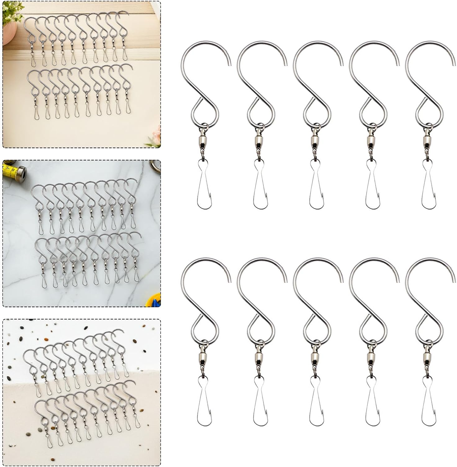 20pcs Dual Swivel Hooks Silver Stainless Steel for Wind Chimes Garden