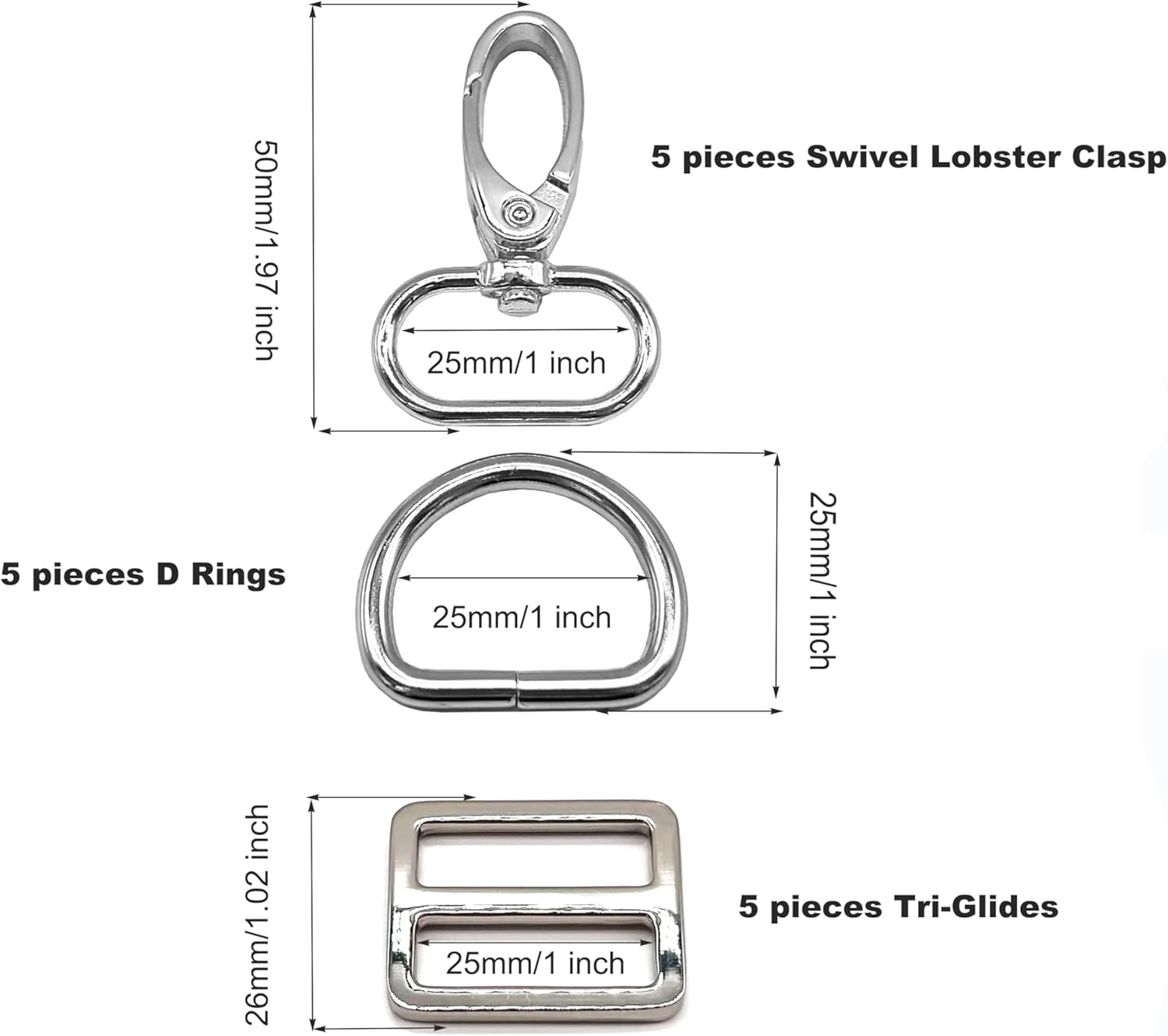 Swivel Snaps Hooks with D Rings and Tri-Glides Slide Buckles for Purse Bag Straps Making Dog Collars Hardware 15pcs - Image 2