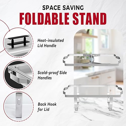 Miniatura 4 de IMACONE Juego de 6 platos de bufé de roce de acero inoxidable de 8 cuartos de galón rectangulares y calentadores de buffet para catering, con