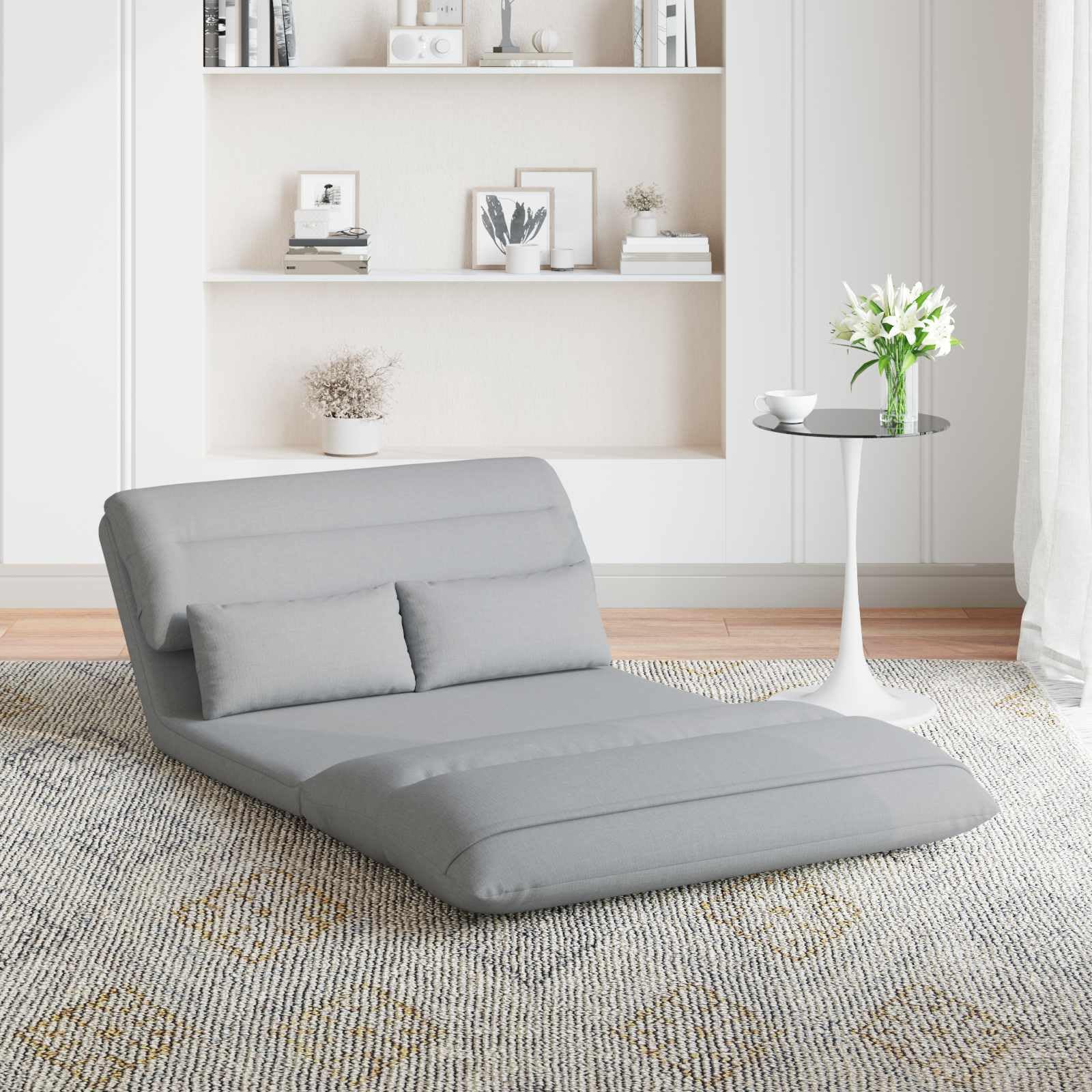 Regulowany fotel nożny, jasnoszary, wykonany z tkaniny, metalowa rama, 110 x 82 x 55 cm, krzesło podłogowe do salonu, sypialni, gamingowe czytania, wyściełane oparcie 90 180 stopni