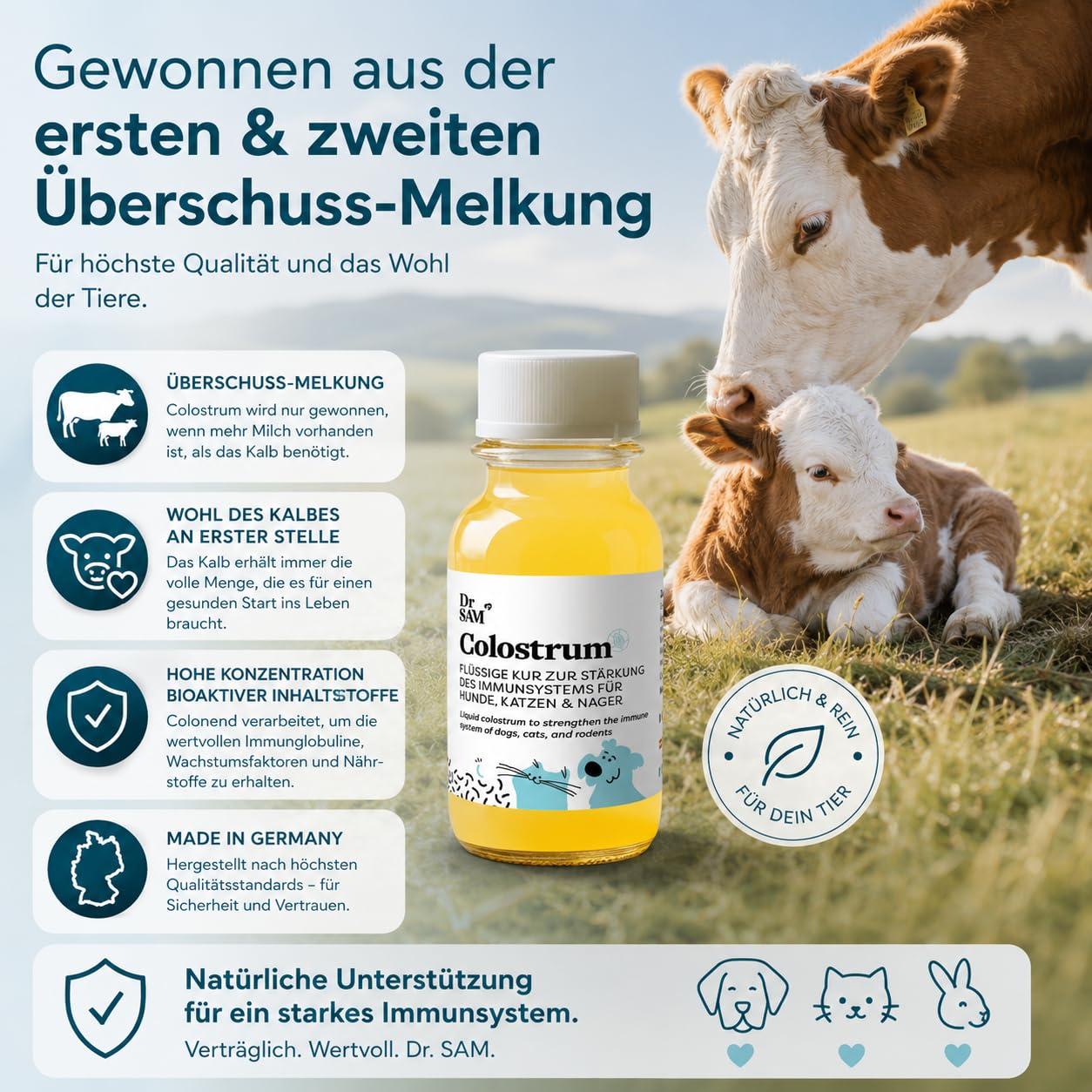 Dr. SAM Calostro para gatos y perros – Tratamiento para fortalecer el sistema inmunológico, natural y especialmente baja en lactosa, calostro de vaca para defensa inmune, fabricado en Alemania, 125 ml