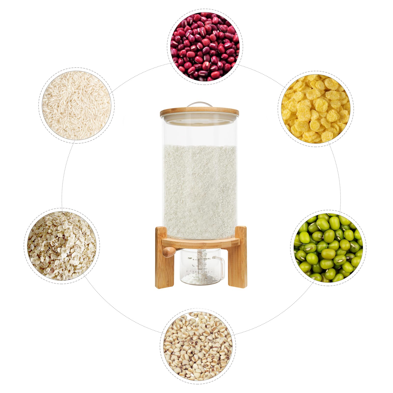Dispensador de cereales (7,5 L, con válvula y base redonda) | Tarro de cristal, tapa de bambú, junta de silicona, termómetro integrado, vaso medidor, 45 cm de altura total