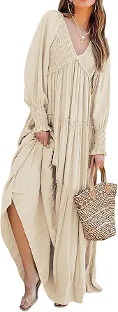 R.Vivimos Long Sleeve V-Neck Flowy Maxi Dress for Women