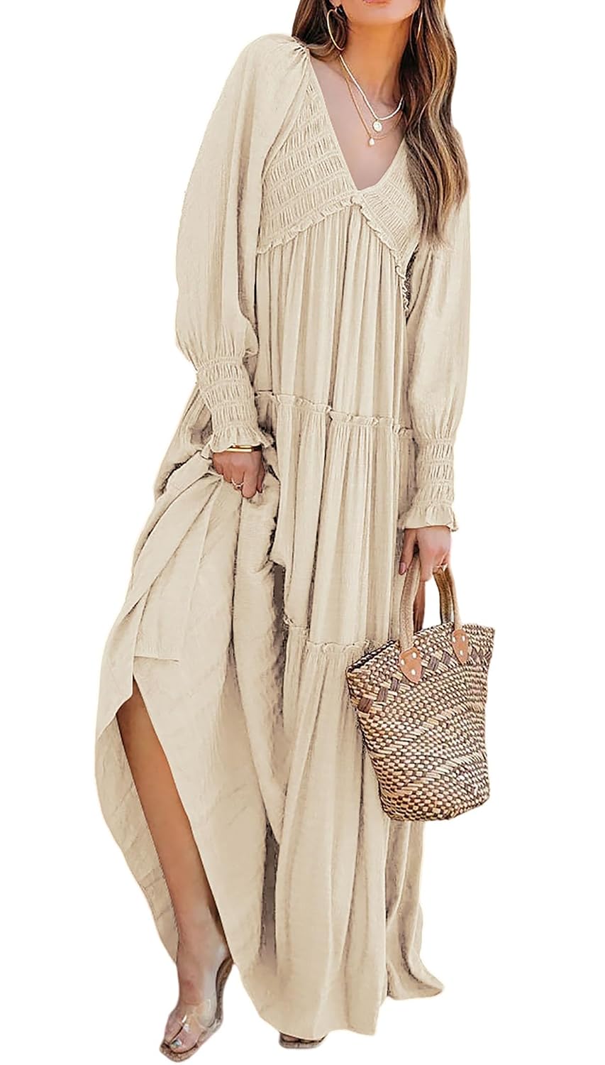R.Vivimos Long Sleeve V-Neck Boho Maxi Dress