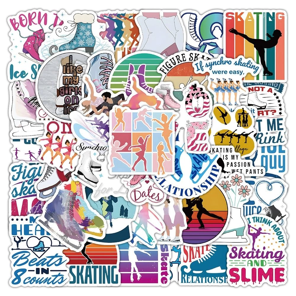 50 Pcs Figure Skating Stickers Laptop Car Scrapbook Phone Skateboard Suitcase Luggage Bike Ice Skating Vinyl Waterproof Aesthetic Personalised Stickers for Teens Boys Girls Adults