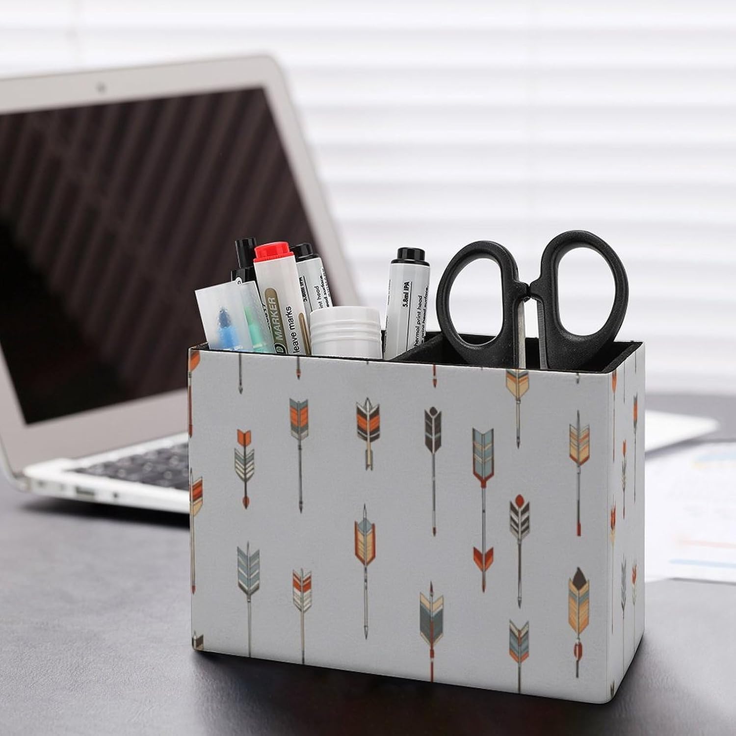 Arrows Pattern Pencil Pen Holder PU Leather Desk Storage Organizer Makeup Brush Box